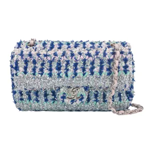 18S Glitter Tweed Medium Flap Bag Blue Aqua Pink White