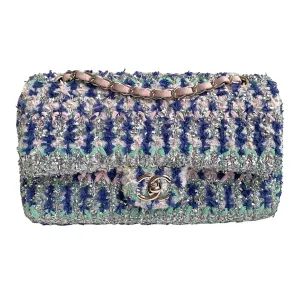 18S Glitter Tweed Medium Flap Bag Blue Aqua Pink White