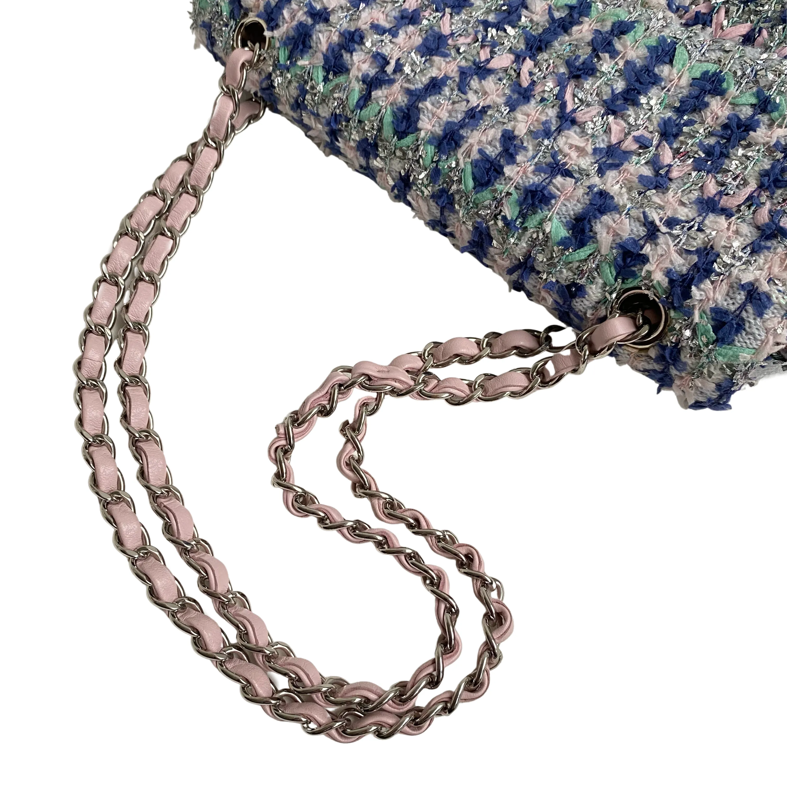 18S Glitter Tweed Medium Flap Bag Blue Aqua Pink White