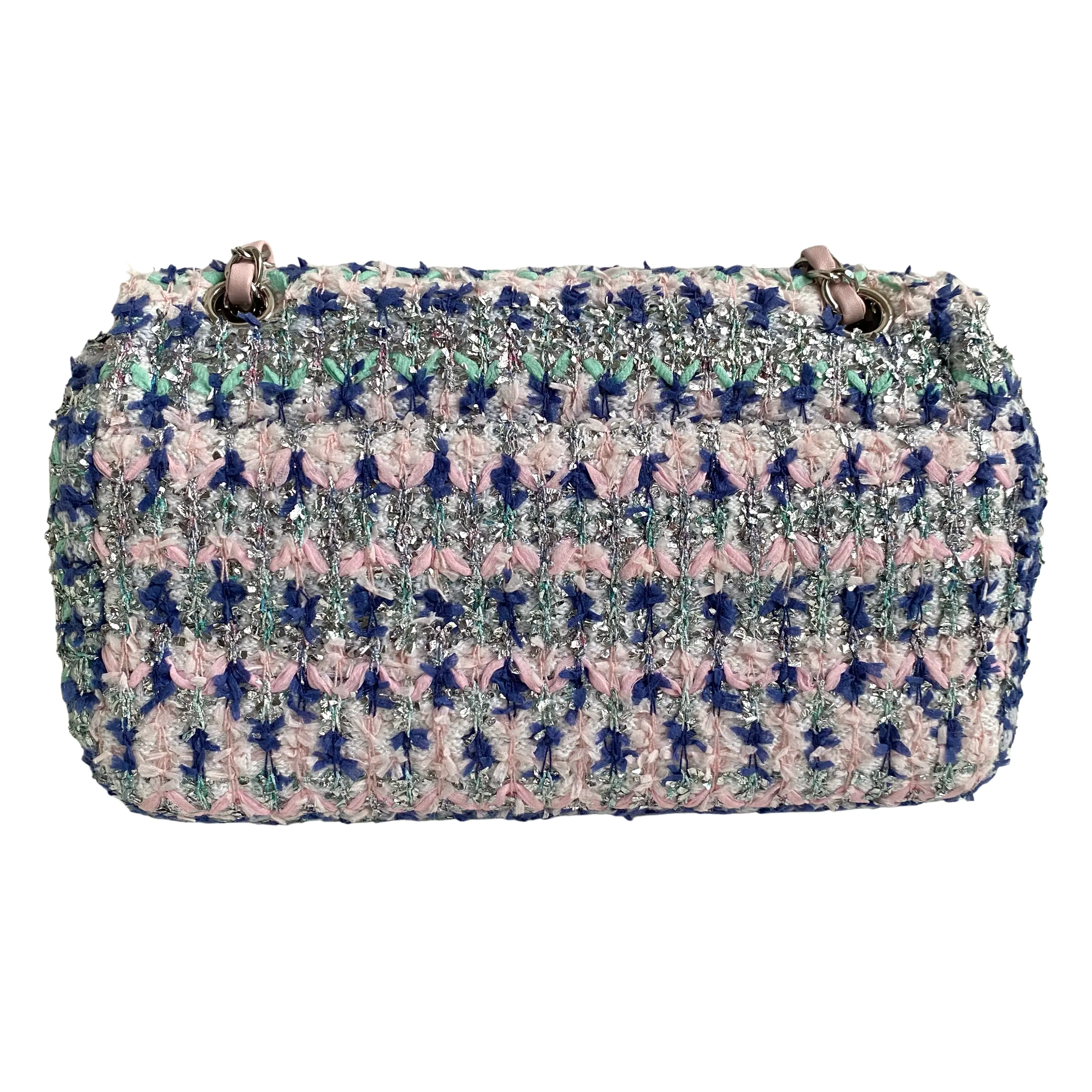 18S Glitter Tweed Medium Flap Bag Blue Aqua Pink White