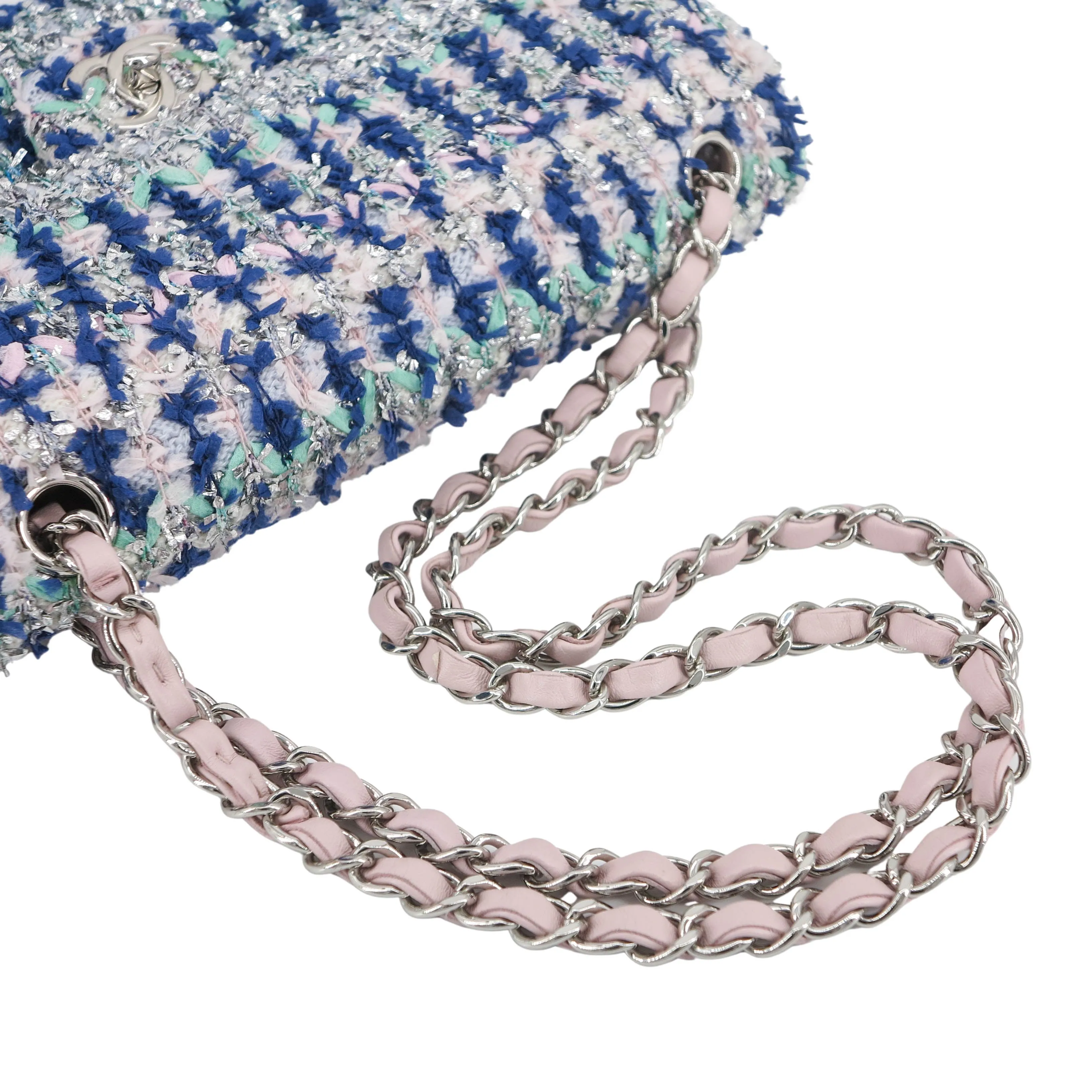18S Glitter Tweed Medium Flap Bag Blue Aqua Pink White