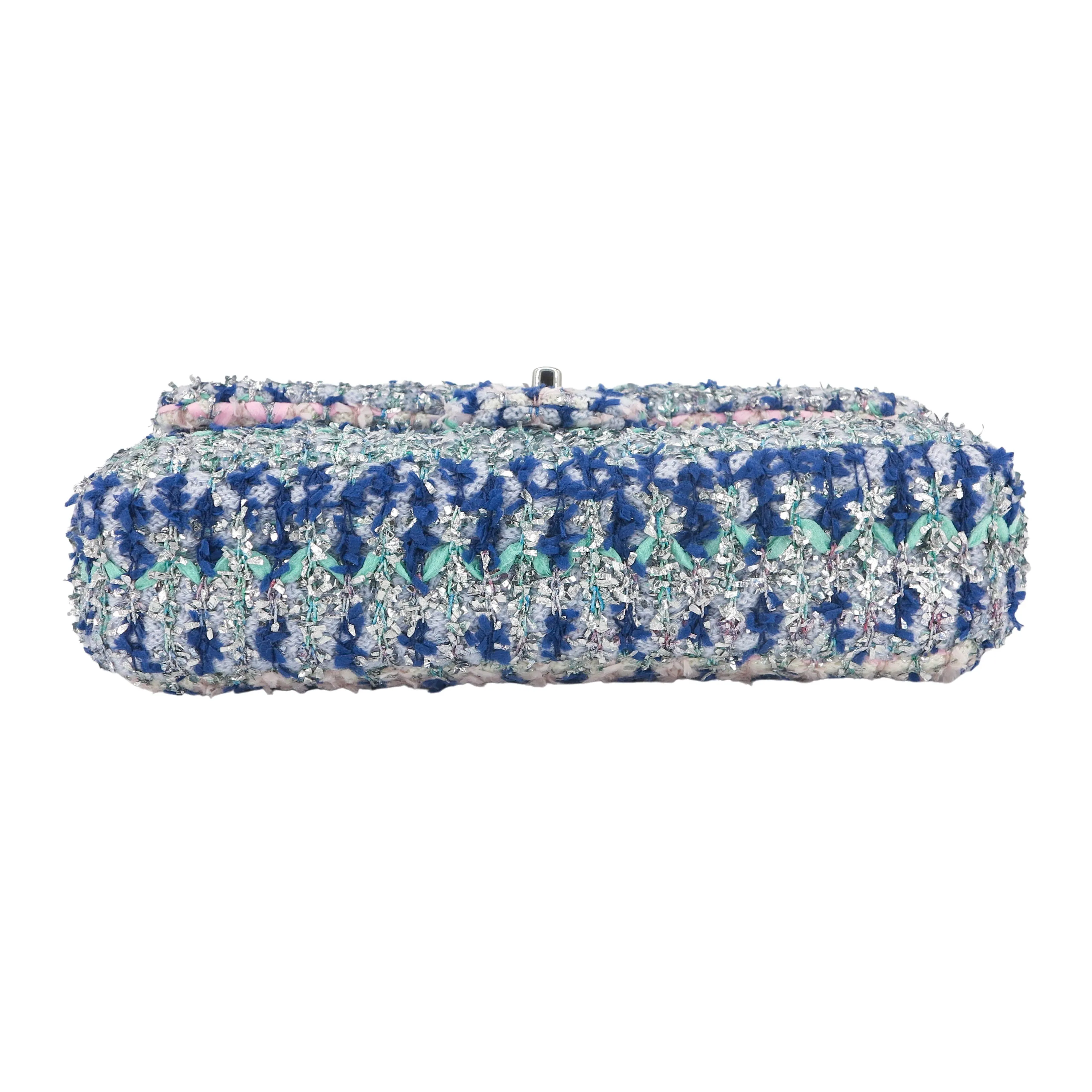 18S Glitter Tweed Medium Flap Bag Blue Aqua Pink White