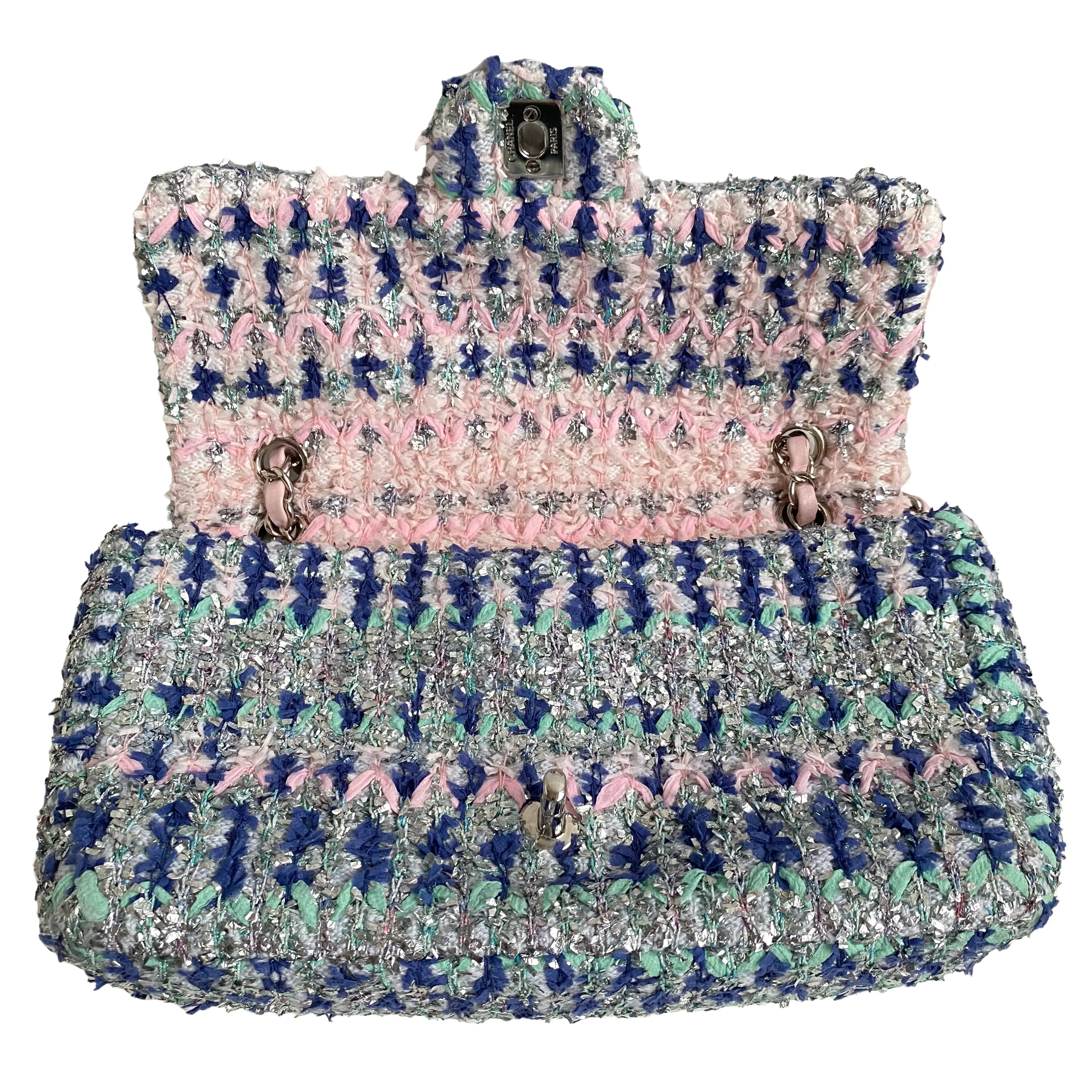 18S Glitter Tweed Medium Flap Bag Blue Aqua Pink White