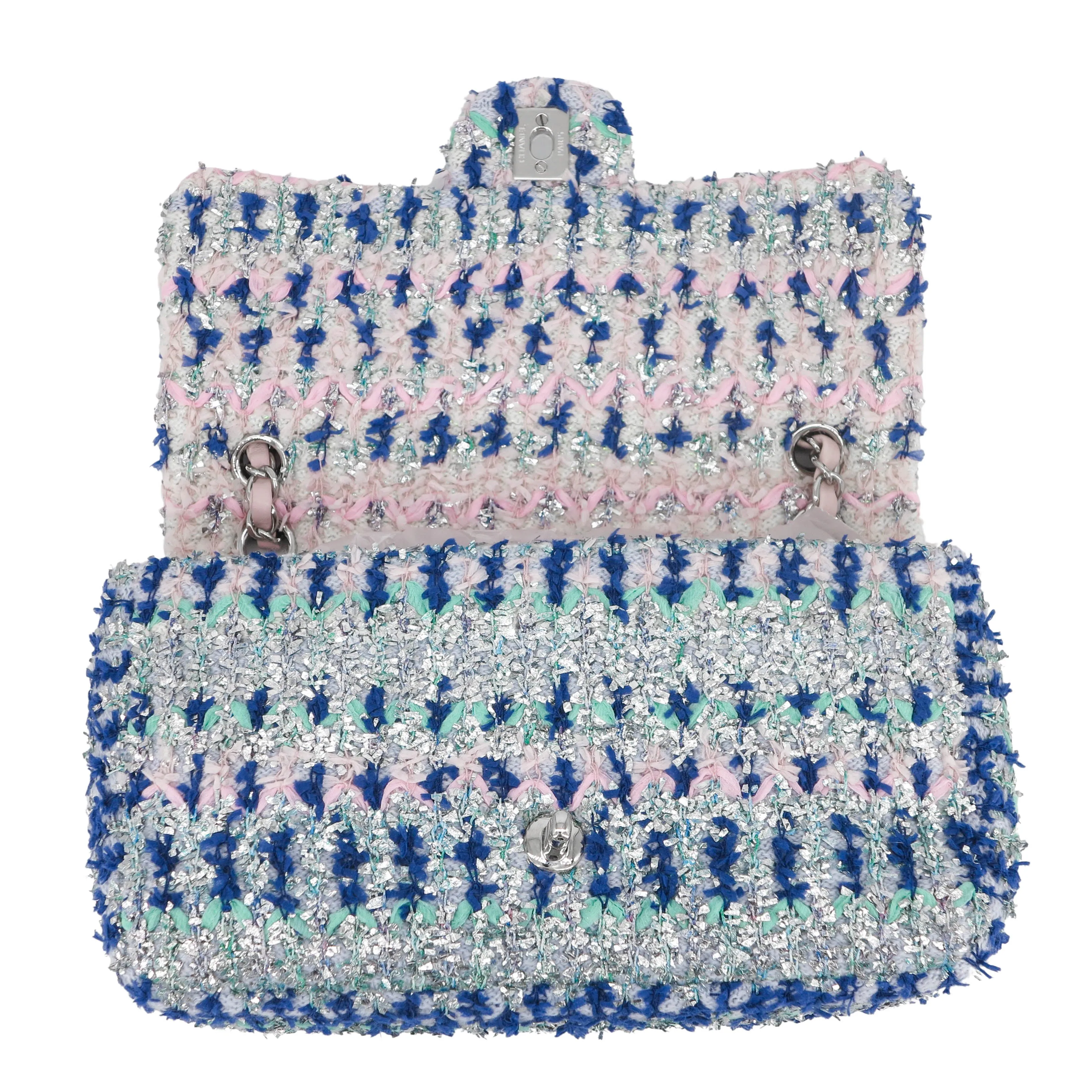18S Glitter Tweed Medium Flap Bag Blue Aqua Pink White