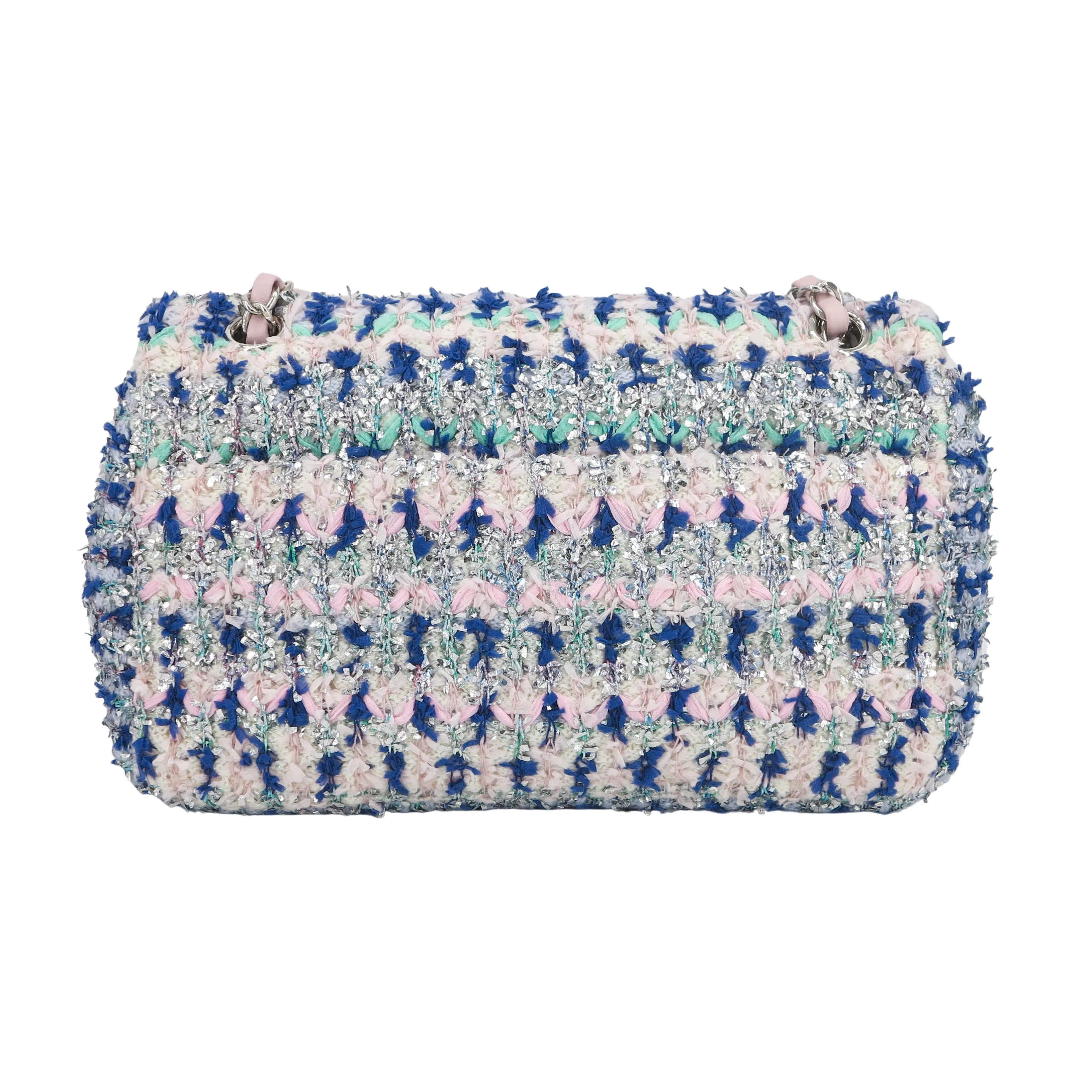 18S Glitter Tweed Medium Flap Bag Blue Aqua Pink White