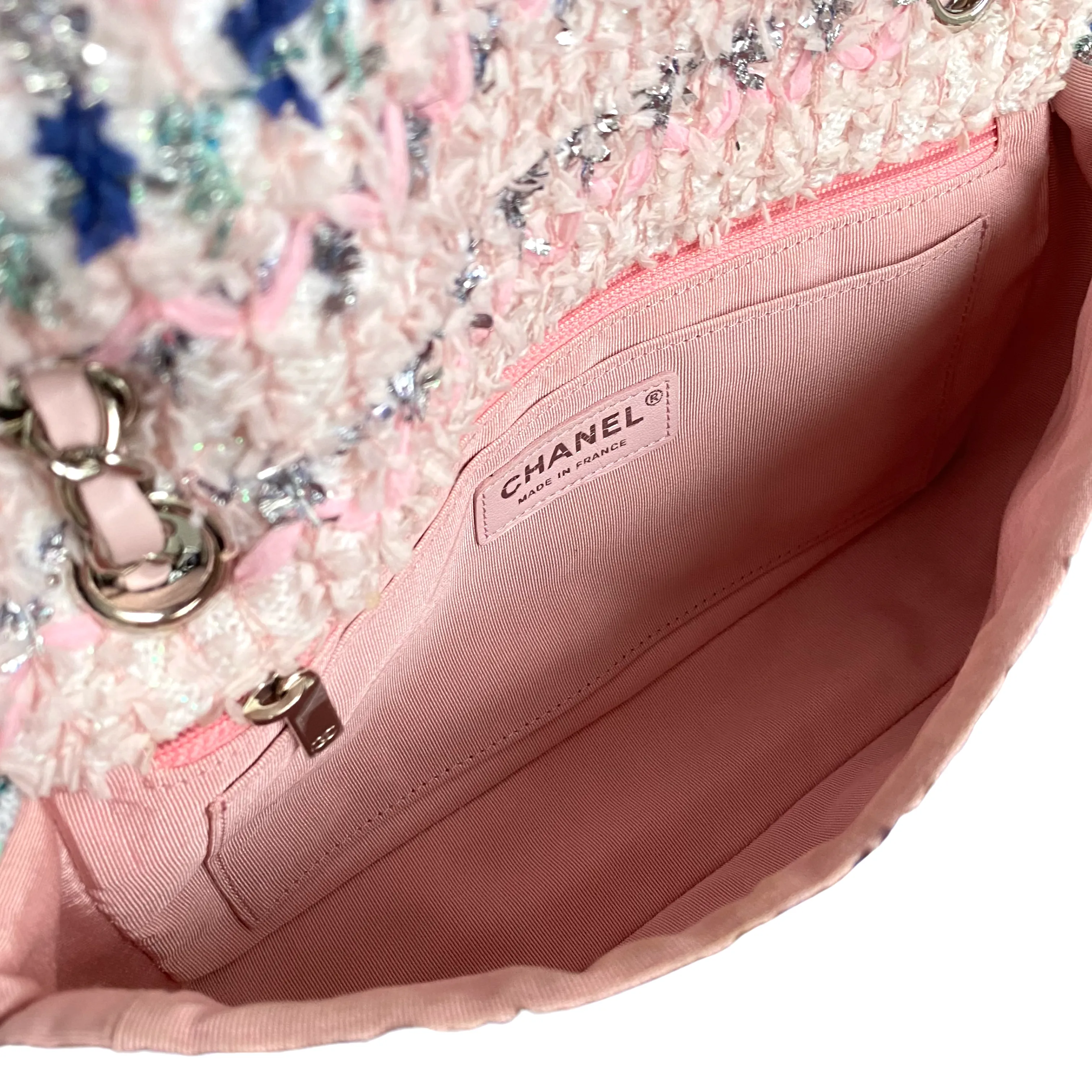 18S Glitter Tweed Medium Flap Bag Blue Aqua Pink White