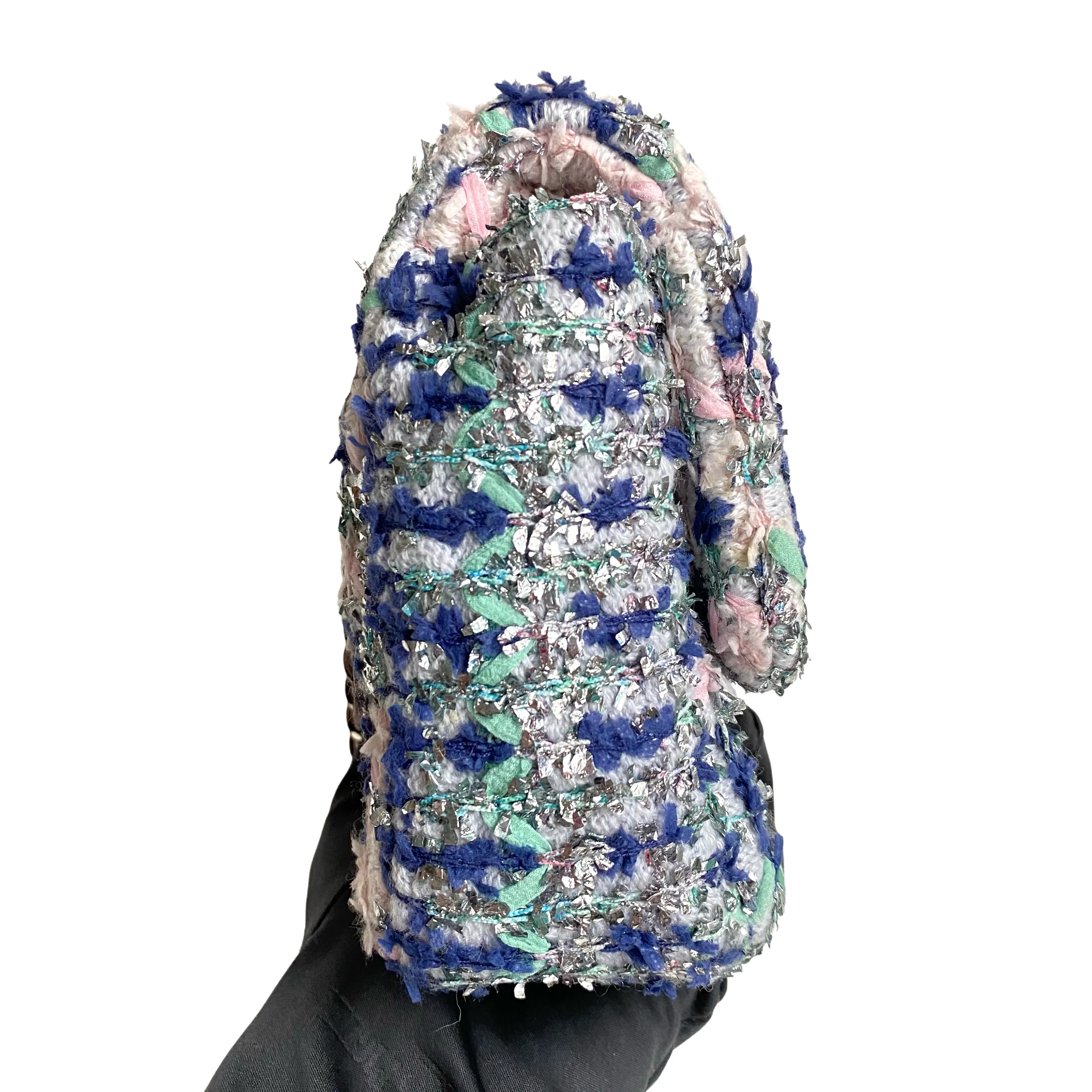 18S Glitter Tweed Medium Flap Bag Blue Aqua Pink White