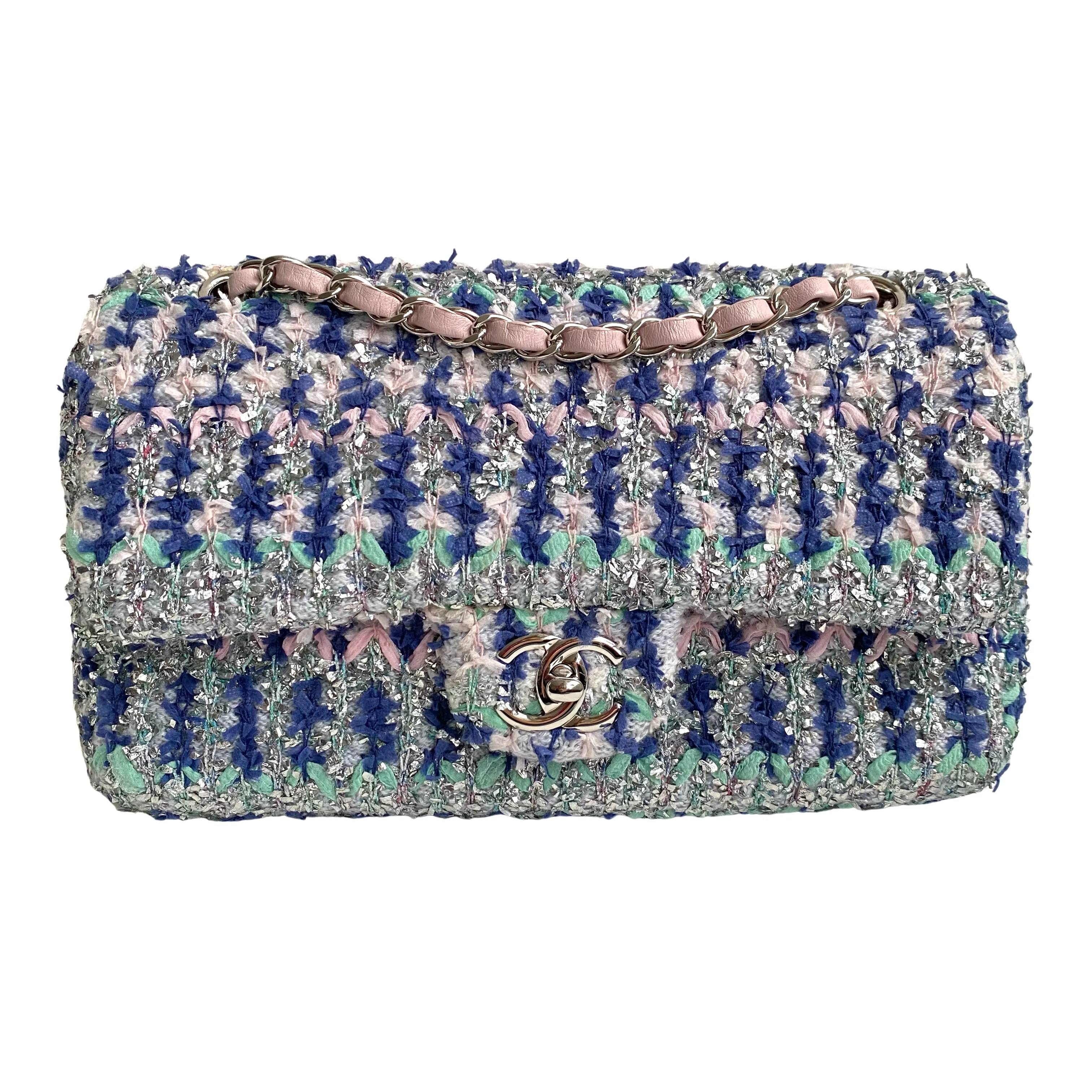 18S Glitter Tweed Medium Flap Bag Blue Aqua Pink White