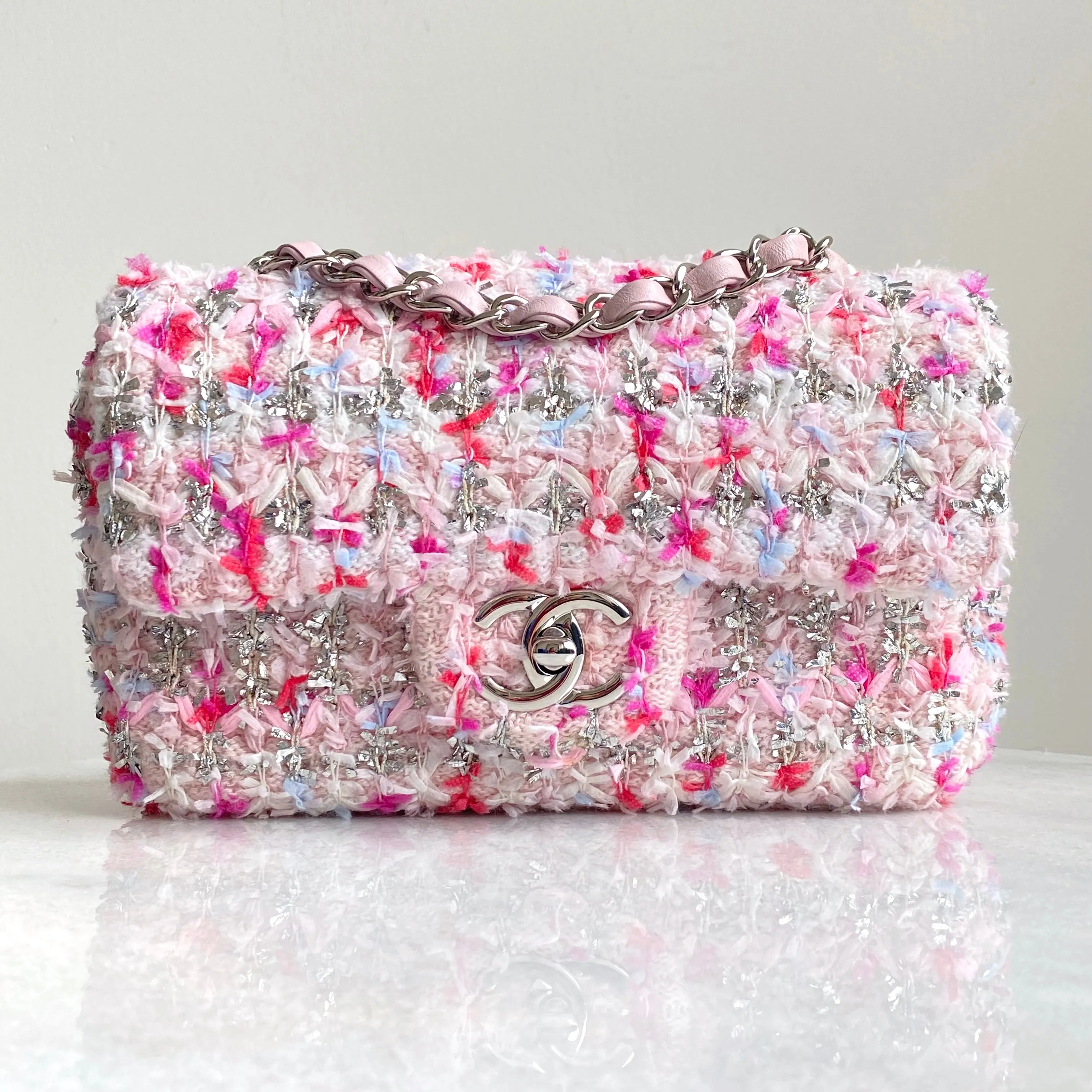 18S Pink Glitter Tweed Mini Flap Bag