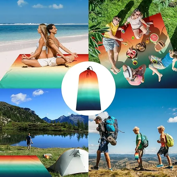 78''×86'' Large Colorful Beach Blanket 4-6 Adults, Waterproof Sandproof Picnic Mat w/ 4 Stakes, Compact Lightweight Portable Pocket Outdoor Travel Tarp for Camping, Hiking, Concert - Sunset Gradient