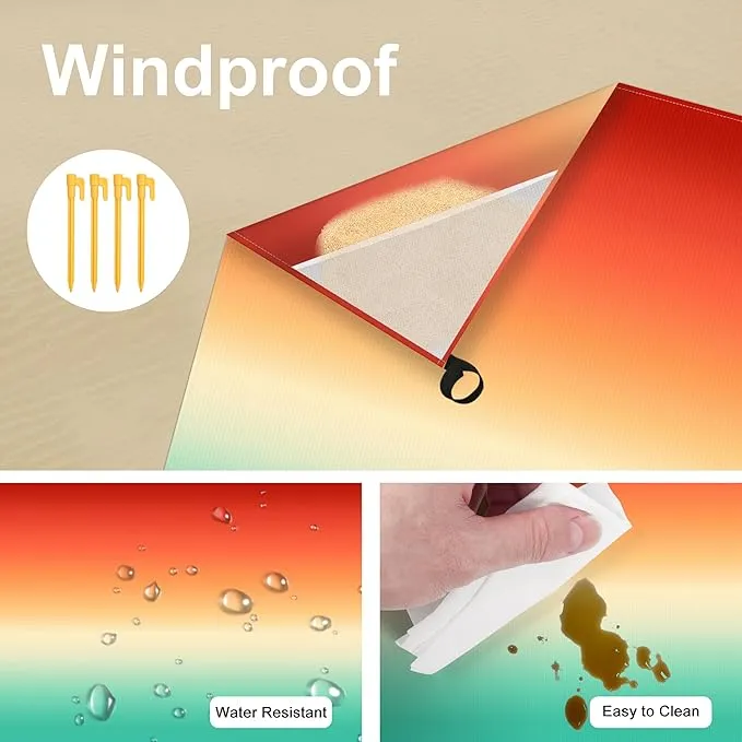 78''×86'' Large Colorful Beach Blanket 4-6 Adults, Waterproof Sandproof Picnic Mat w/ 4 Stakes, Compact Lightweight Portable Pocket Outdoor Travel Tarp for Camping, Hiking, Concert - Sunset Gradient
