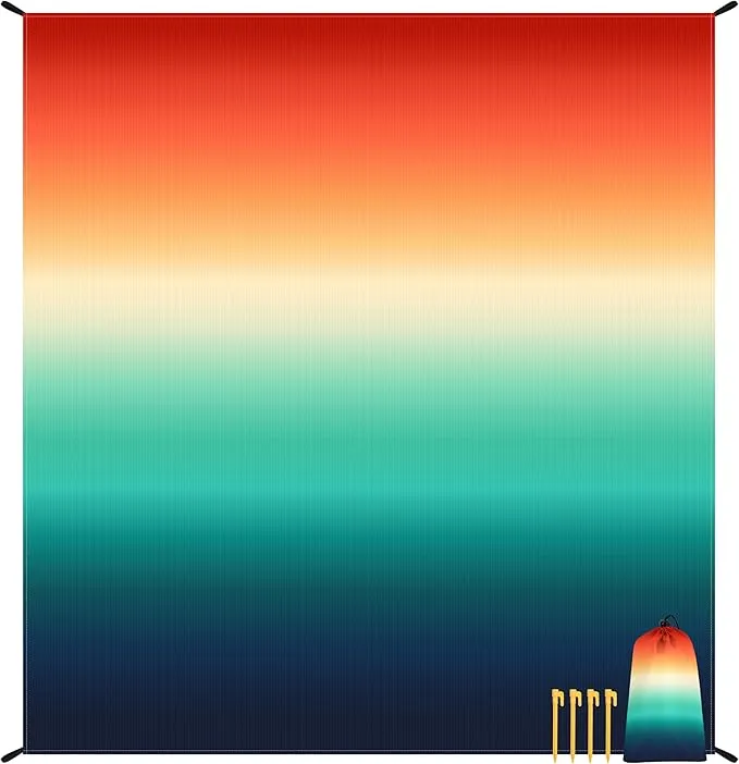 78''×86'' Large Colorful Beach Blanket 4-6 Adults, Waterproof Sandproof Picnic Mat w/ 4 Stakes, Compact Lightweight Portable Pocket Outdoor Travel Tarp for Camping, Hiking, Concert - Sunset Gradient