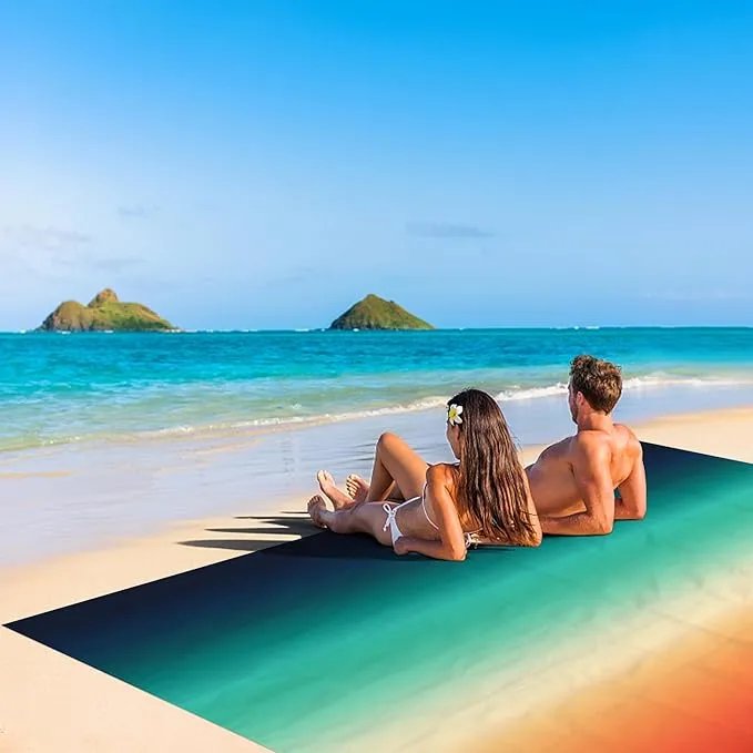78''×86'' Large Colorful Beach Blanket 4-6 Adults, Waterproof Sandproof Picnic Mat w/ 4 Stakes, Compact Lightweight Portable Pocket Outdoor Travel Tarp for Camping, Hiking, Concert - Sunset Gradient