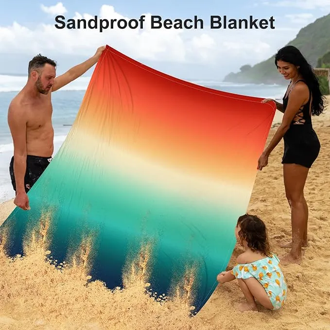 78''×86'' Large Colorful Beach Blanket 4-6 Adults, Waterproof Sandproof Picnic Mat w/ 4 Stakes, Compact Lightweight Portable Pocket Outdoor Travel Tarp for Camping, Hiking, Concert - Sunset Gradient