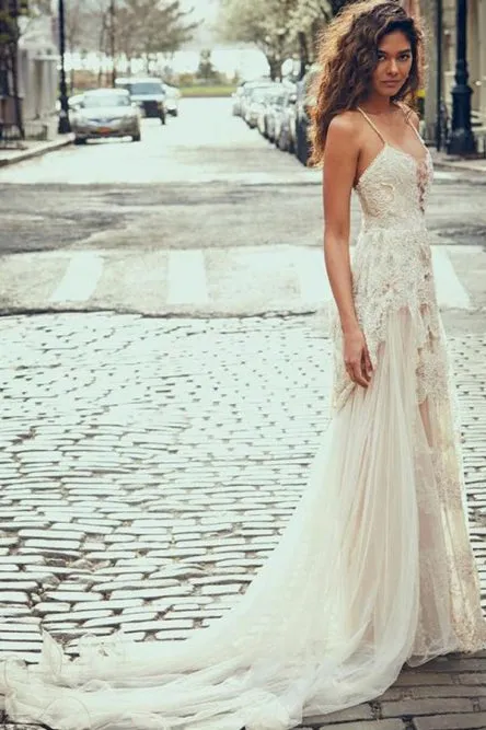 A-Line Spaghetti Straps Bohemian Beach Wedding Dress with Lace Appliques OHD021