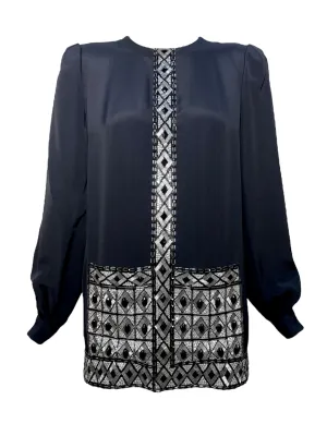 André Laug 1980's Black Embellished Geometric Silk Tunic Mini Dress