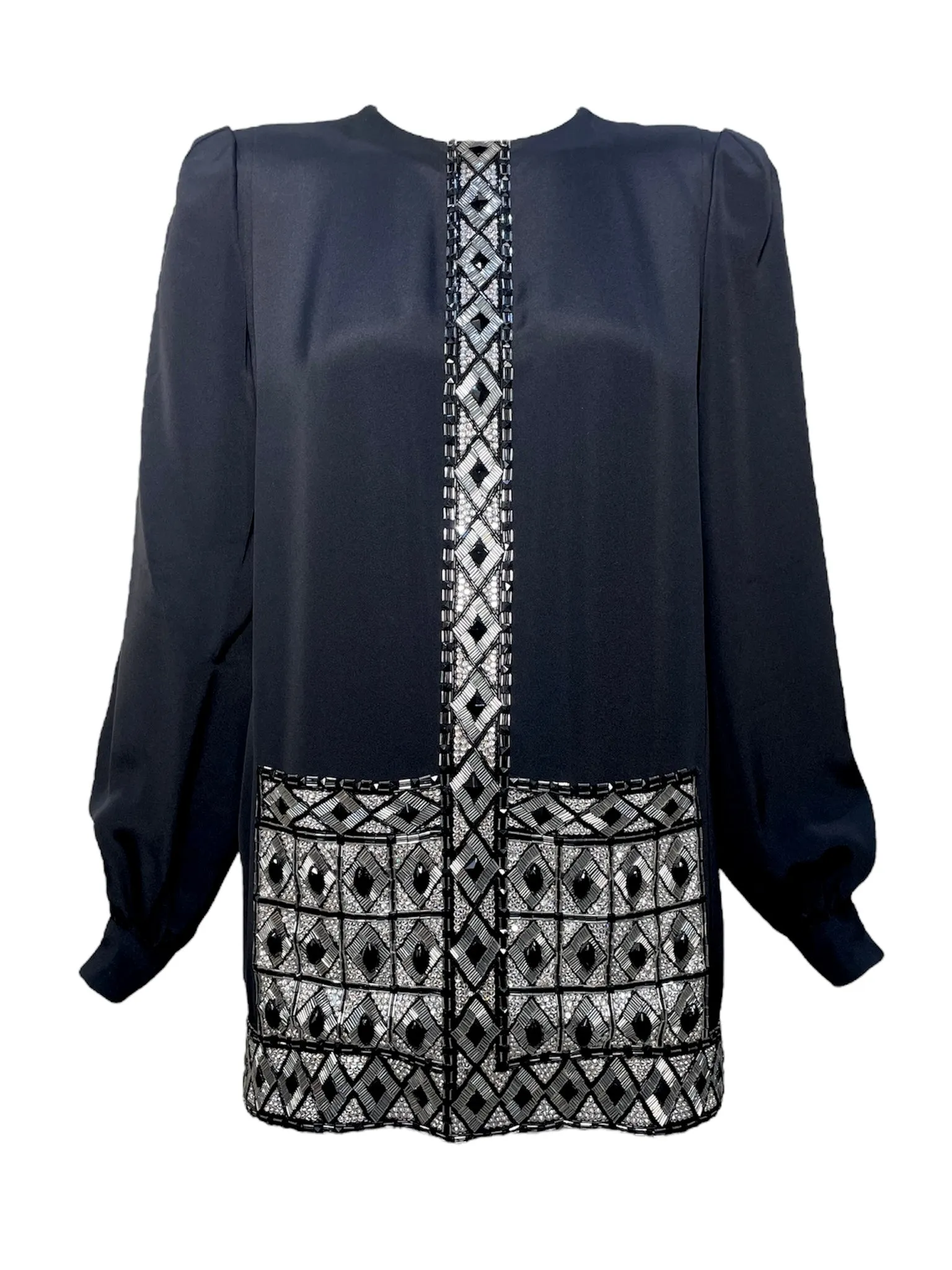 André Laug 1980's Black Embellished Geometric Silk Tunic Mini Dress