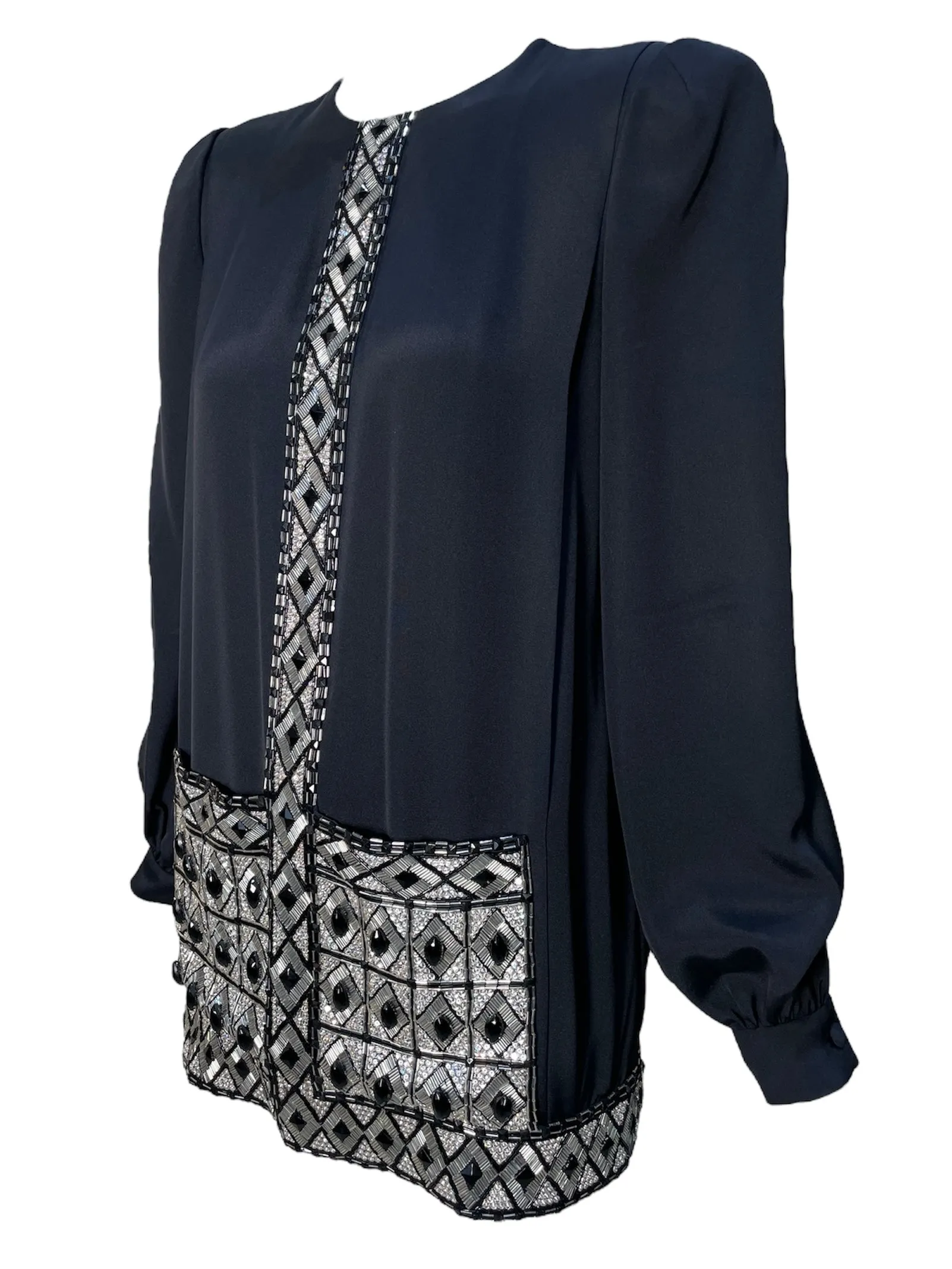 André Laug 1980's Black Embellished Geometric Silk Tunic Mini Dress