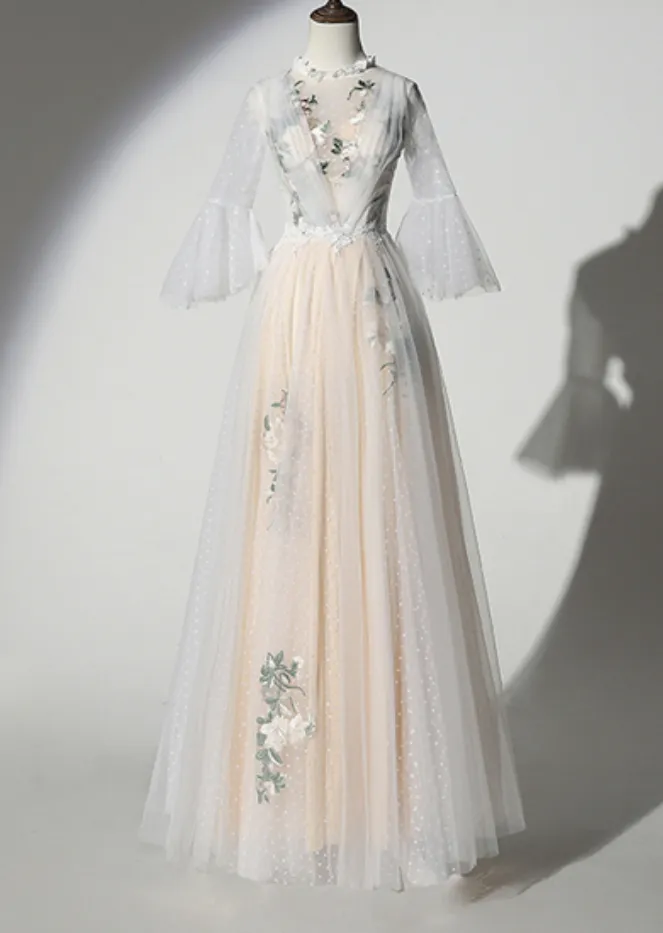 Anneprom Dotted Tulle Embroidery Lace O Neck Long Prom Dress With Sleeve APW0308