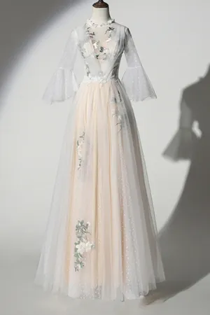 Anneprom Dotted Tulle Embroidery Lace O Neck Long Prom Dress With Sleeve APW0308