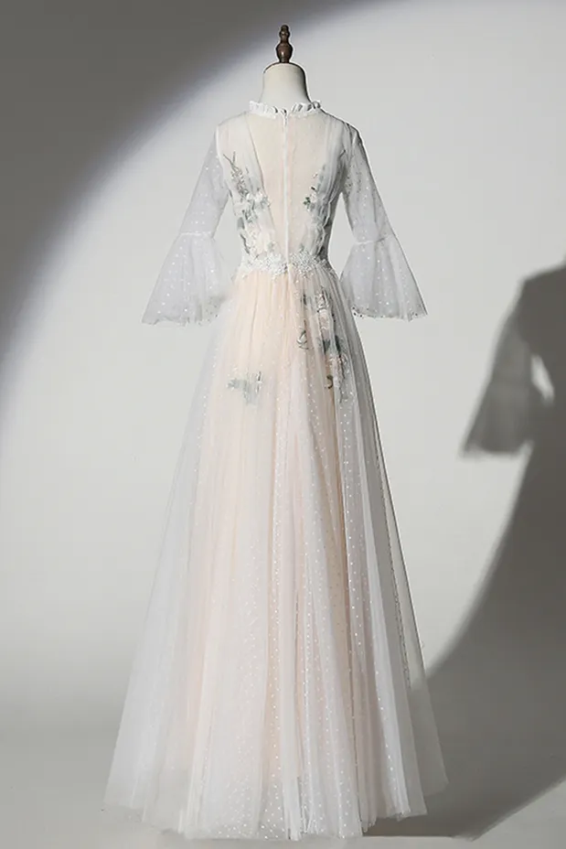 Anneprom Dotted Tulle Embroidery Lace O Neck Long Prom Dress With Sleeve APW0308