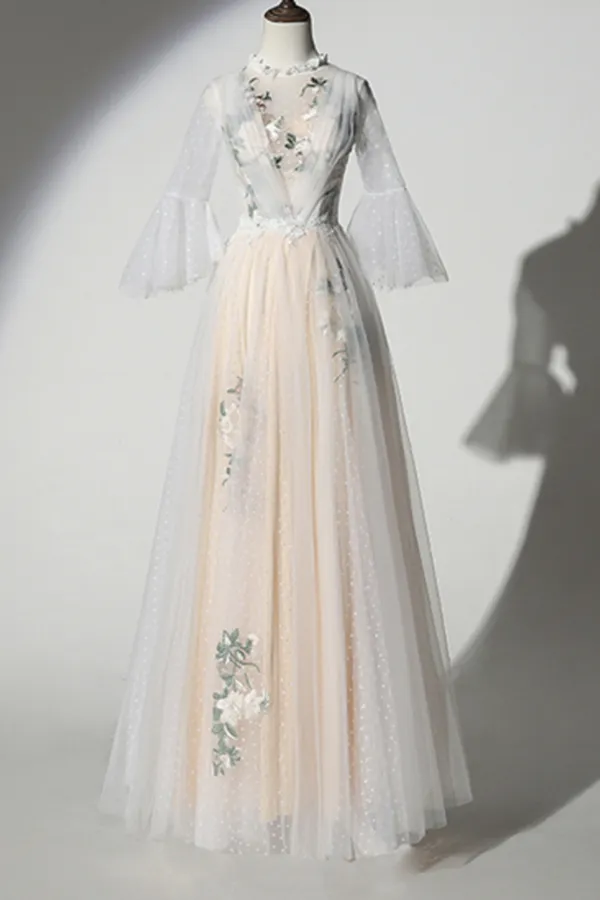 Anneprom Dotted Tulle Embroidery Lace O Neck Long Prom Dress With Sleeve APW0308