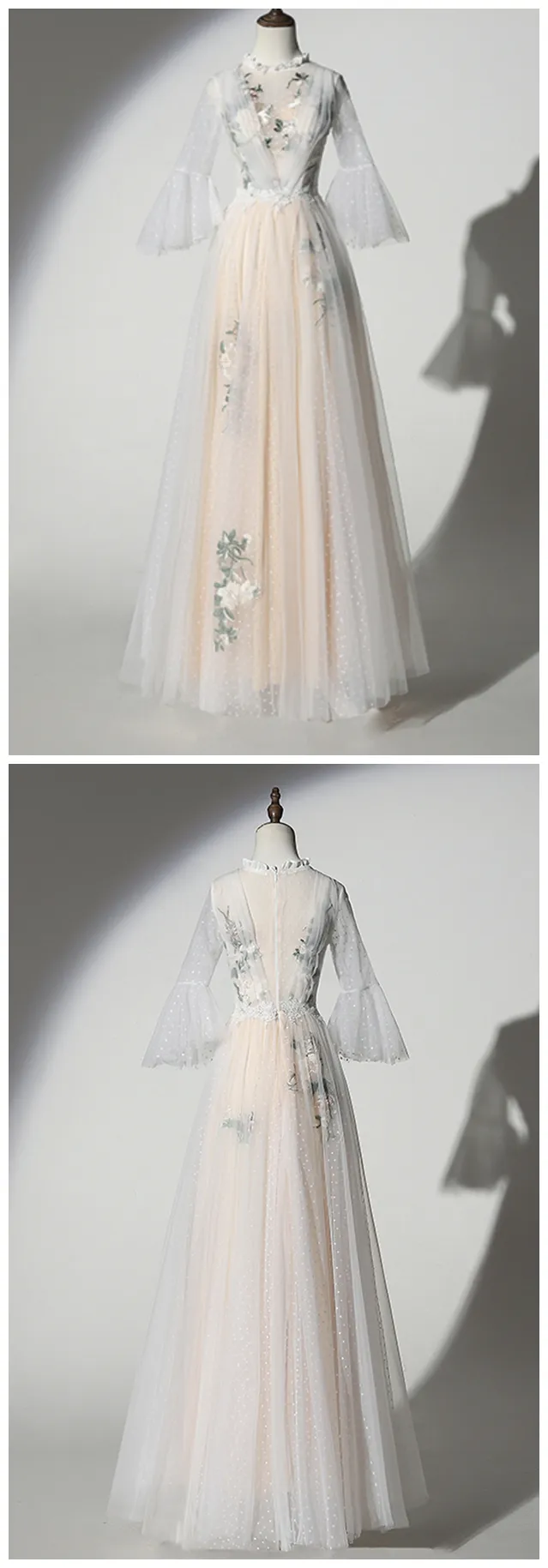 Anneprom Dotted Tulle Embroidery Lace O Neck Long Prom Dress With Sleeve APW0308