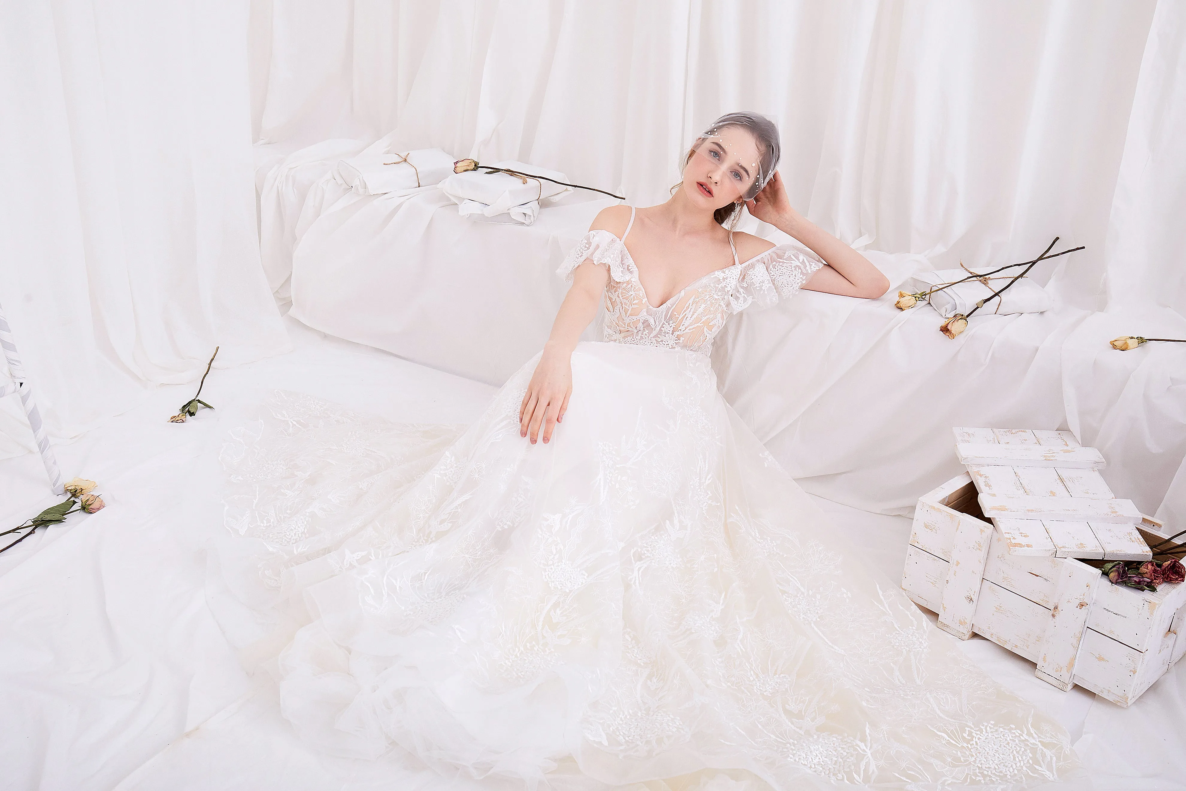 Artemis - Selena Huan Off-the-Shoulder Italian Lace Embroidered Ball Gown Wedding Dress