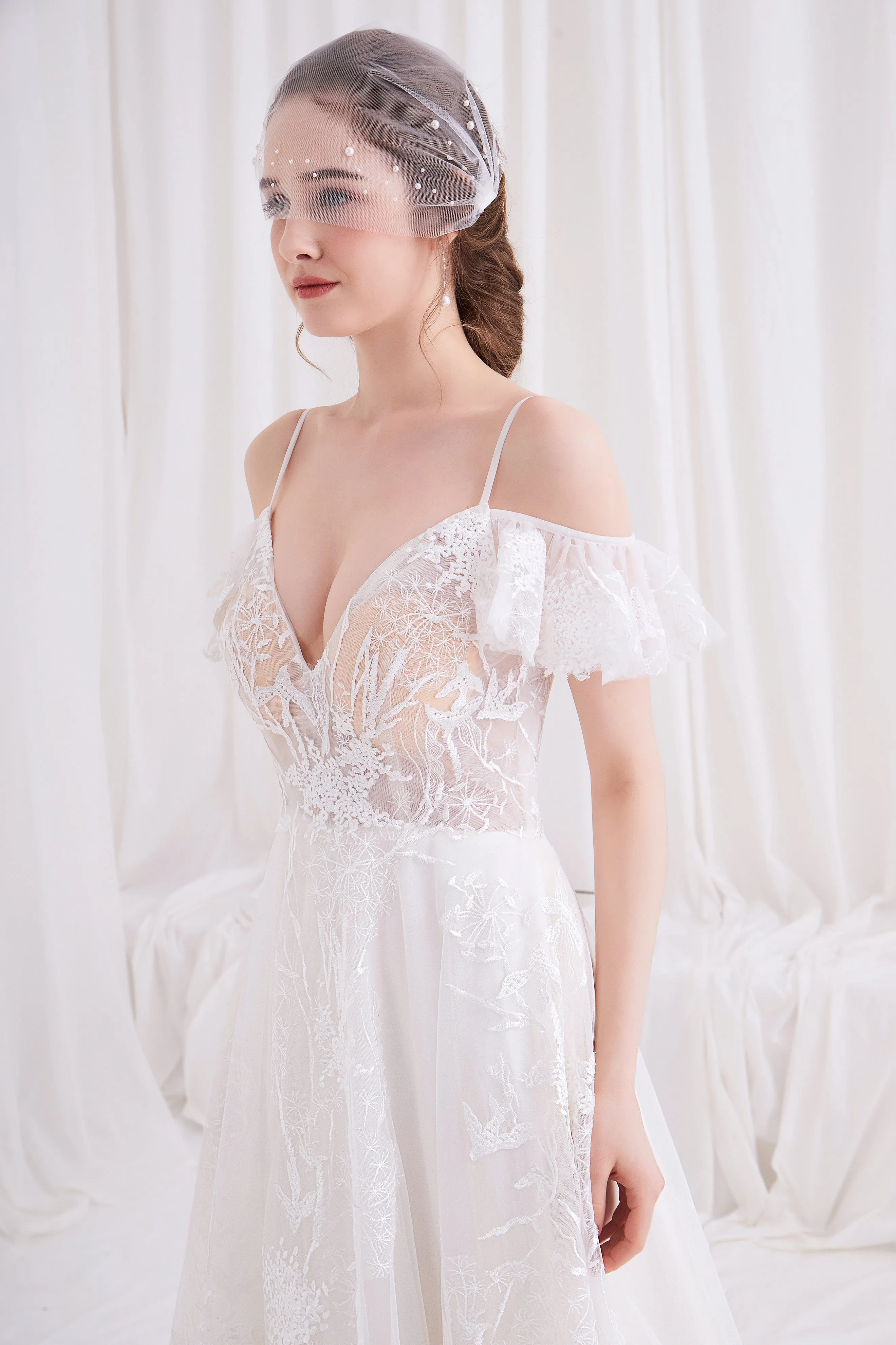 Artemis - Selena Huan Off-the-Shoulder Italian Lace Embroidered Ball Gown Wedding Dress