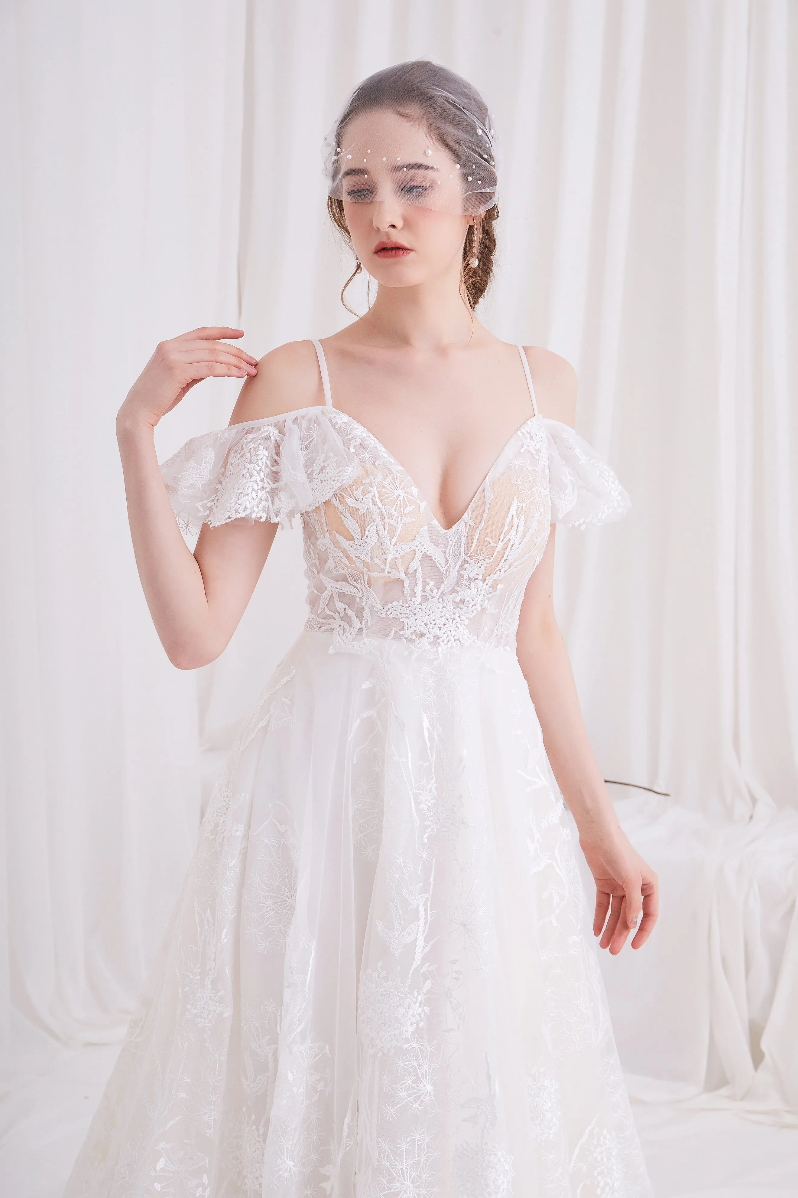 Artemis - Selena Huan Off-the-Shoulder Italian Lace Embroidered Ball Gown Wedding Dress