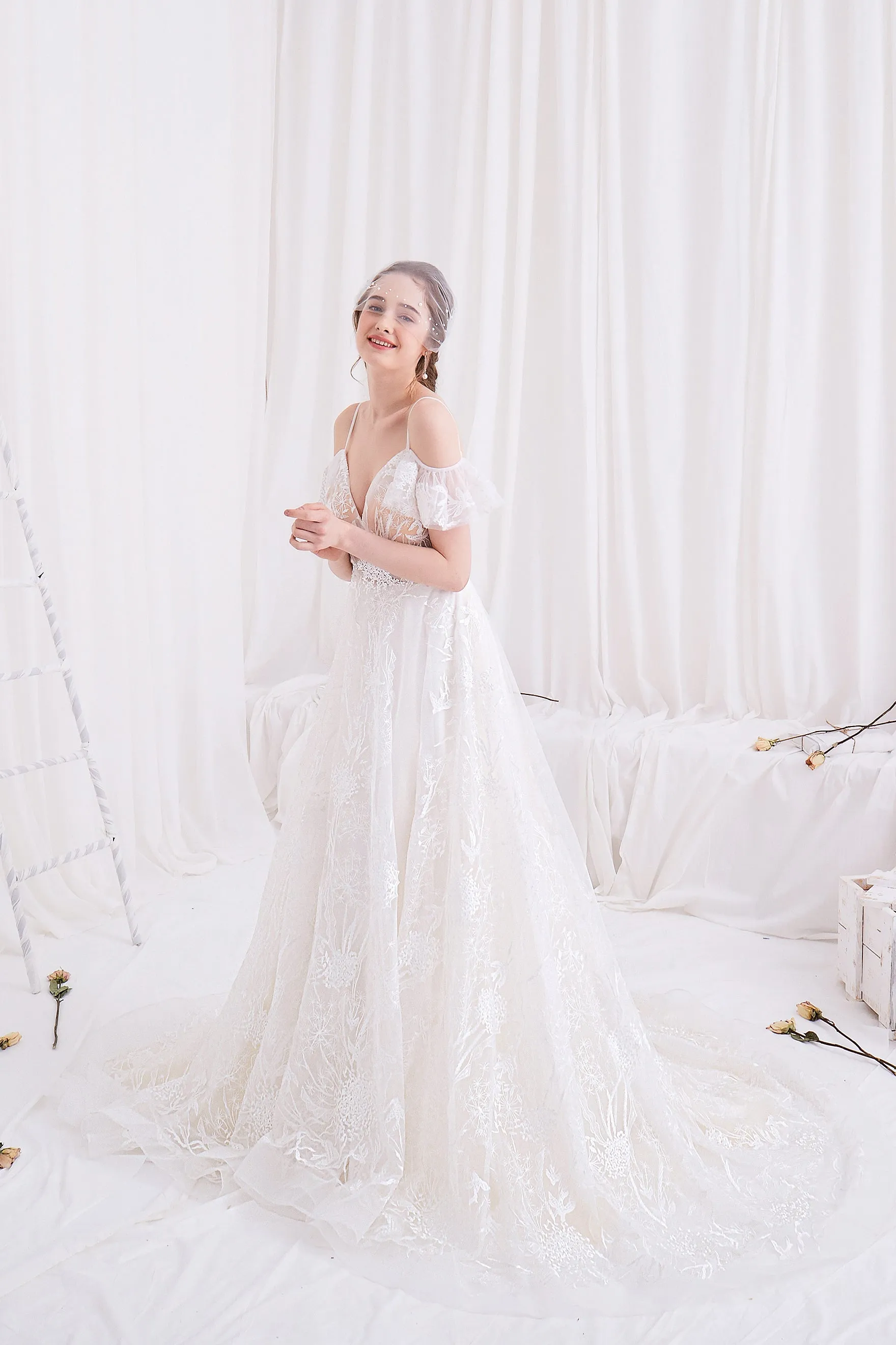 Artemis - Selena Huan Off-the-Shoulder Italian Lace Embroidered Ball Gown Wedding Dress