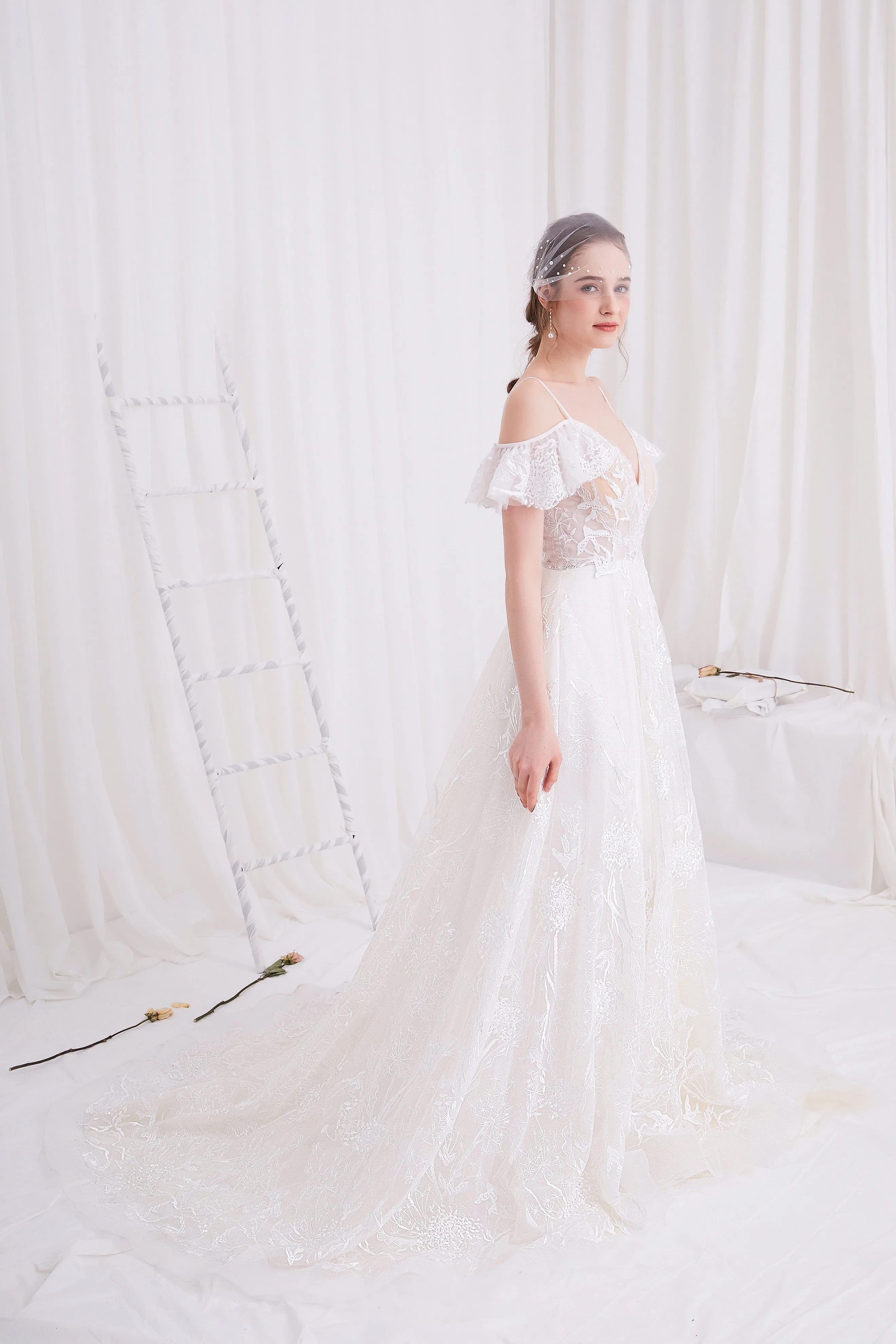 Artemis - Selena Huan Off-the-Shoulder Italian Lace Embroidered Ball Gown Wedding Dress