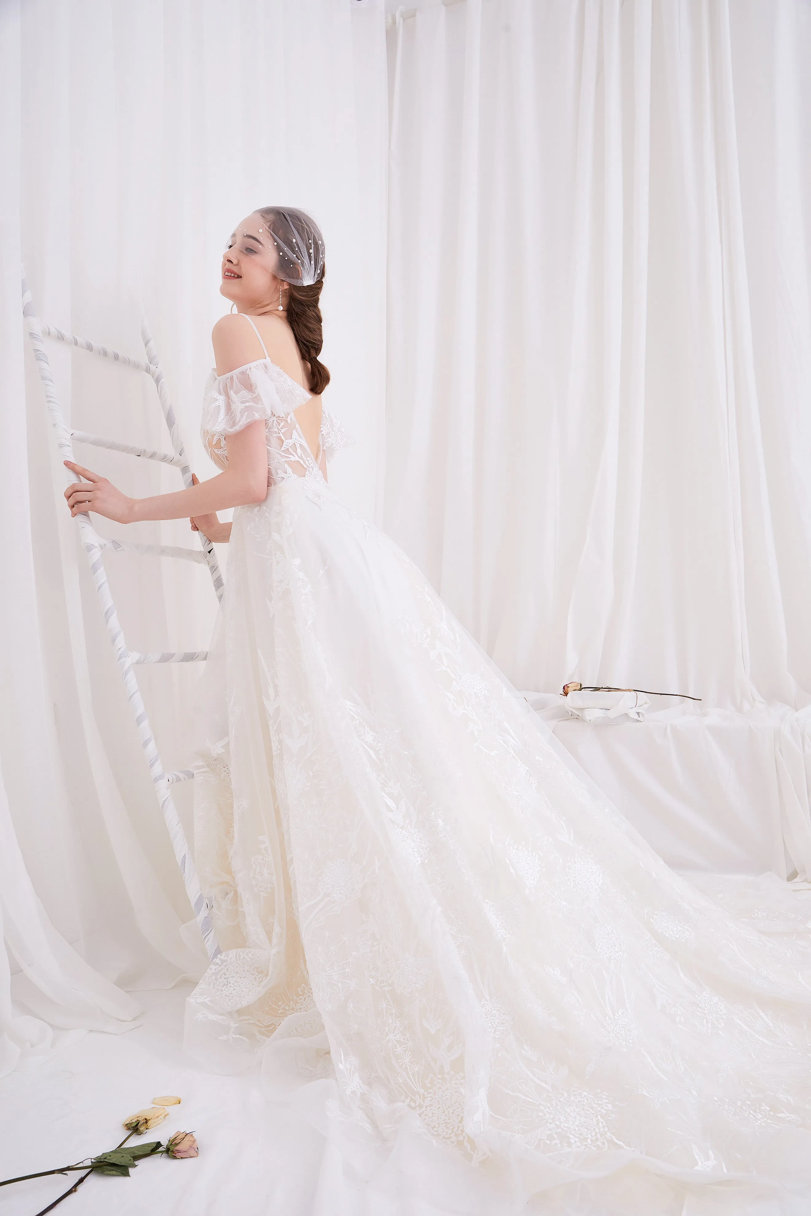 Artemis - Selena Huan Off-the-Shoulder Italian Lace Embroidered Ball Gown Wedding Dress