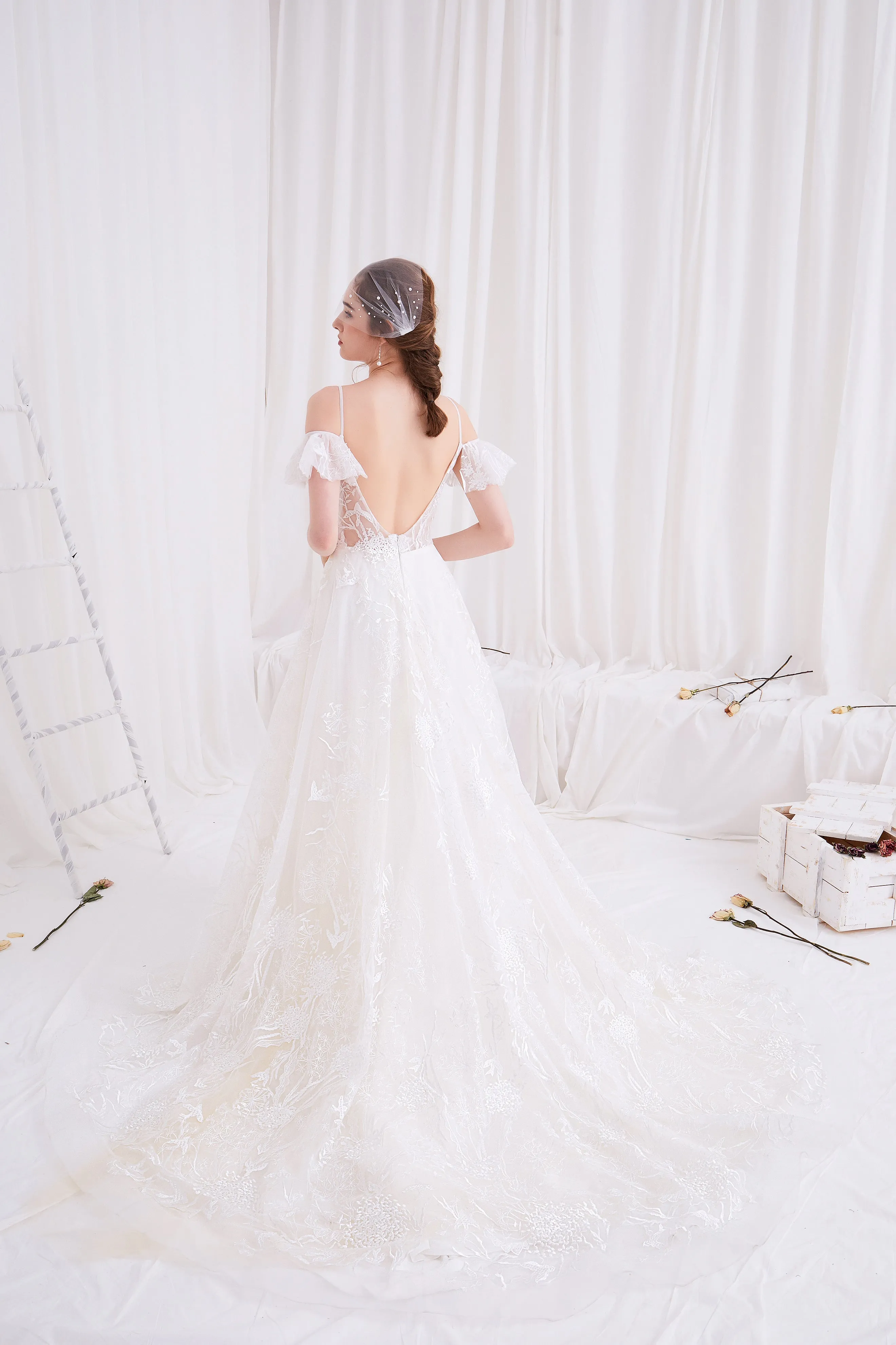 Artemis - Selena Huan Off-the-Shoulder Italian Lace Embroidered Ball Gown Wedding Dress