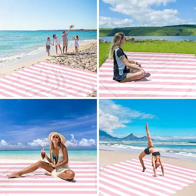 Beach Blanket Sandproof Waterproof, Pink Striped Picnic Blanket Extra Large 9 Ft X 10 Ft for 8 Adults with Stakes and Sand Pocket, Compact Lightweight Sand Free Beach Mat Essential