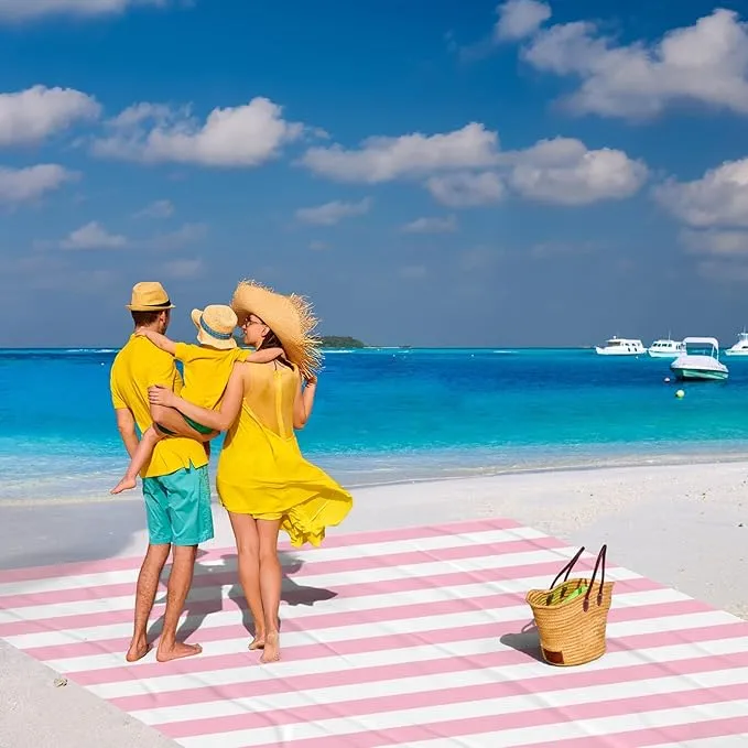 Beach Blanket Sandproof Waterproof, Pink Striped Picnic Blanket Extra Large 9 Ft X 10 Ft for 8 Adults with Stakes and Sand Pocket, Compact Lightweight Sand Free Beach Mat Essential