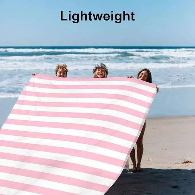 Beach Blanket Sandproof Waterproof, Pink Striped Picnic Blanket Extra Large 9 Ft X 10 Ft for 8 Adults with Stakes and Sand Pocket, Compact Lightweight Sand Free Beach Mat Essential