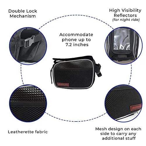 BikerzBay Polyester Bicycle Double Sided Front Frame Handlebar Bag – Mobile Pouch for Cycle for up to 7 inch Phones (Pack of 1) Black