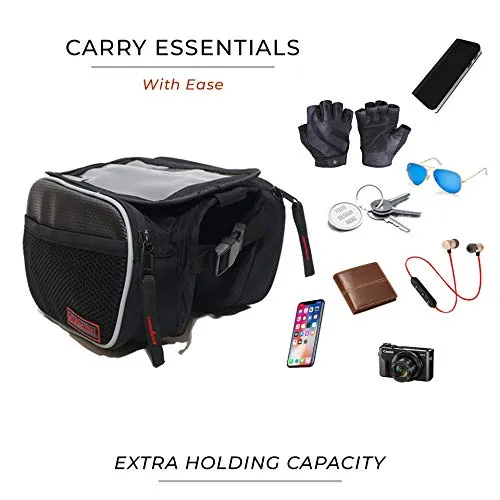 BikerzBay Polyester Bicycle Double Sided Front Frame Handlebar Bag – Mobile Pouch for Cycle for up to 7 inch Phones (Pack of 1) Black