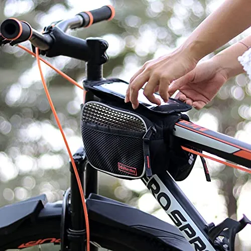 BikerzBay Polyester Bicycle Double Sided Front Frame Handlebar Bag – Mobile Pouch for Cycle for up to 7 inch Phones (Pack of 1) Black