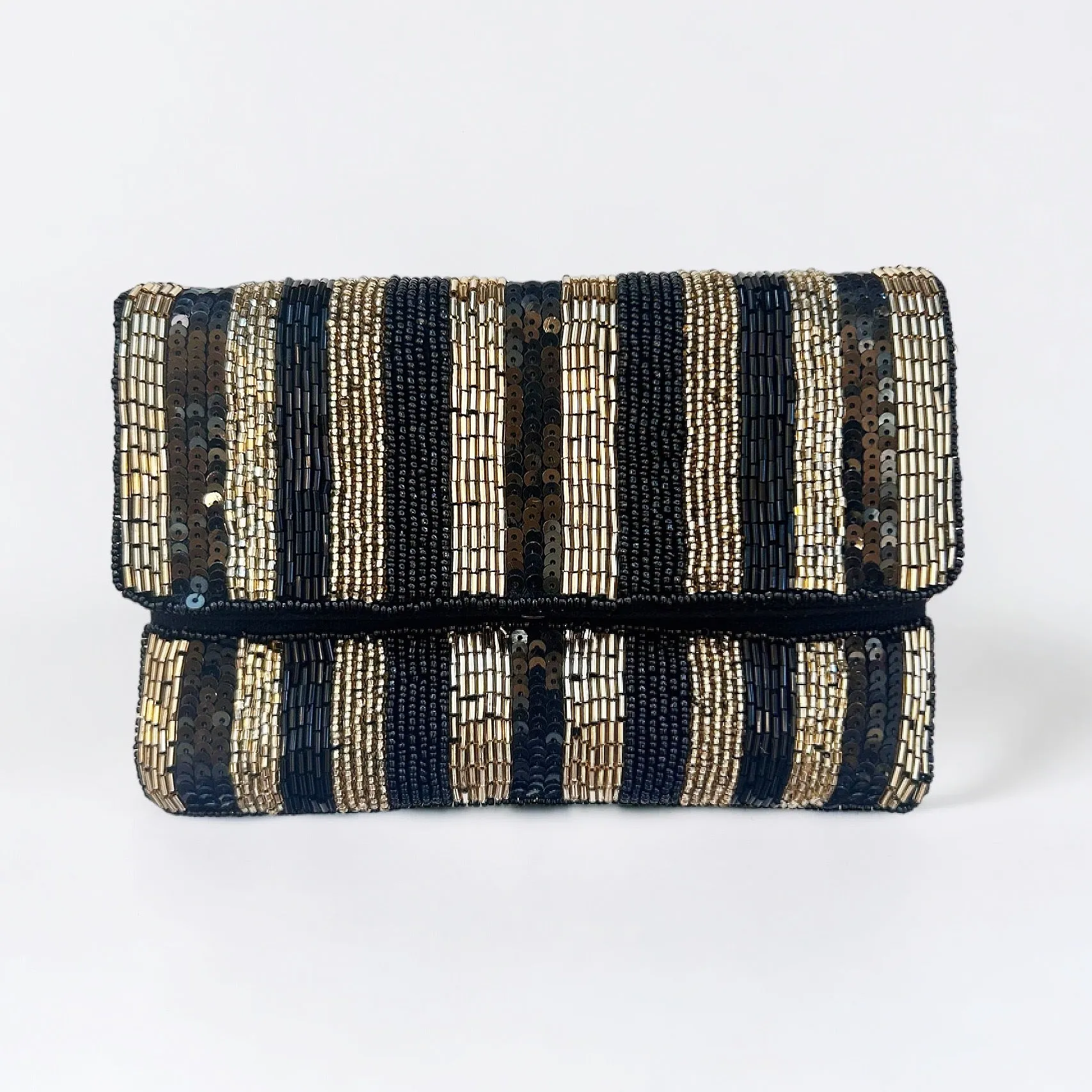 Black and Gold Striped Beaded Evening Handbag