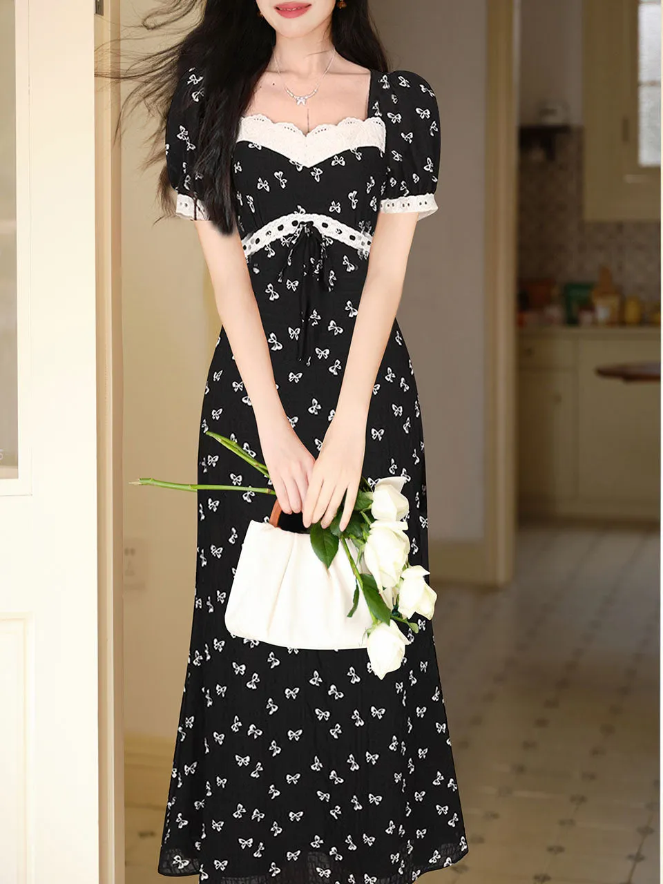 Black Bow Lace Square Neck Regency Dress