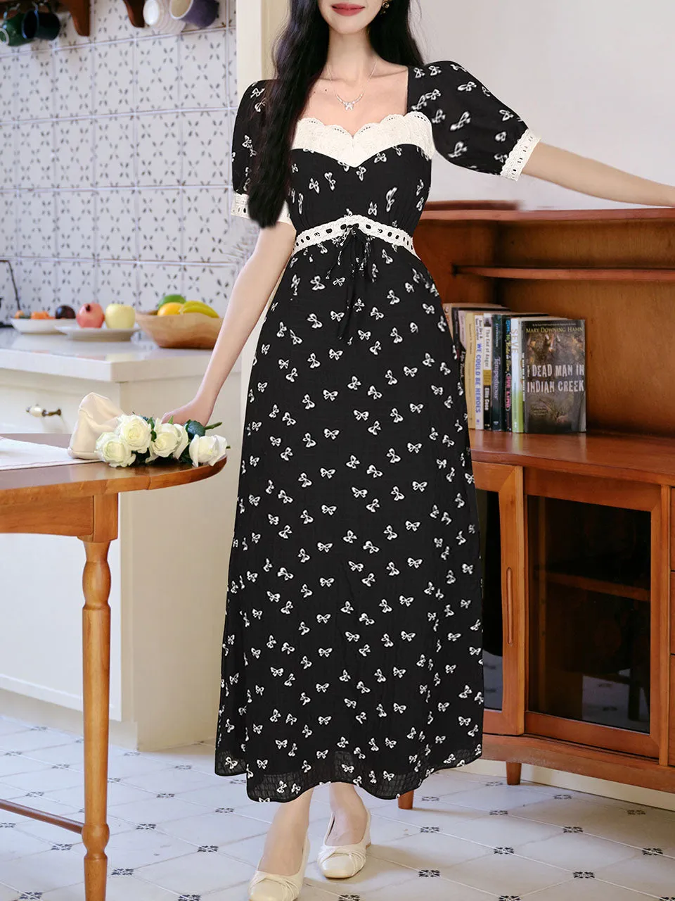 Black Bow Lace Square Neck Regency Dress