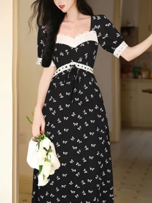 Black Bow Lace Square Neck Regency Dress