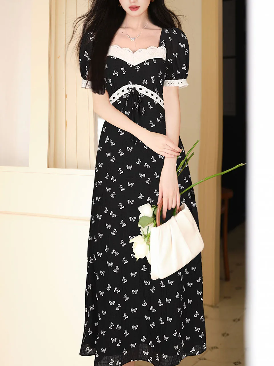 Black Bow Lace Square Neck Regency Dress