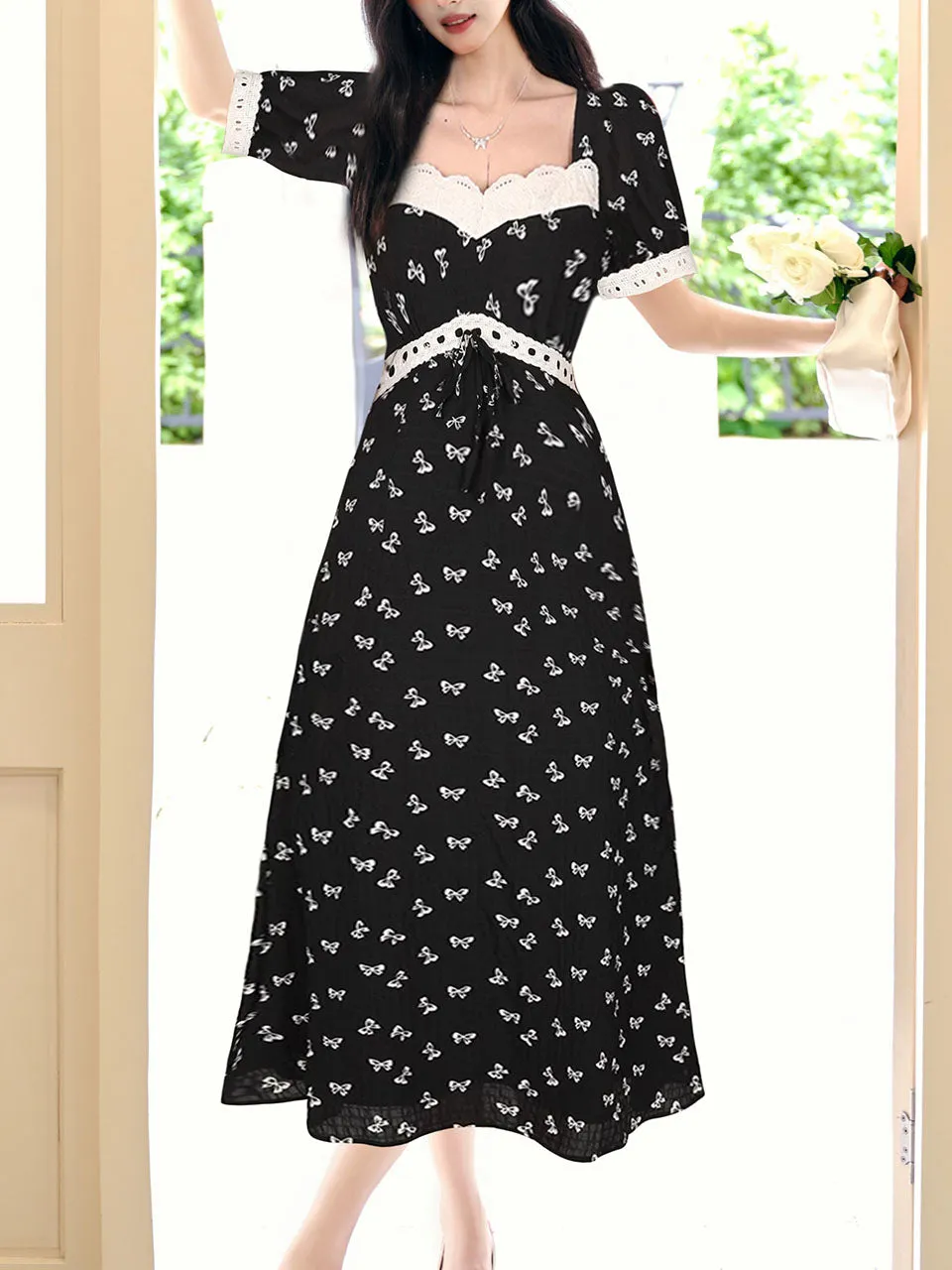 Black Bow Lace Square Neck Regency Dress