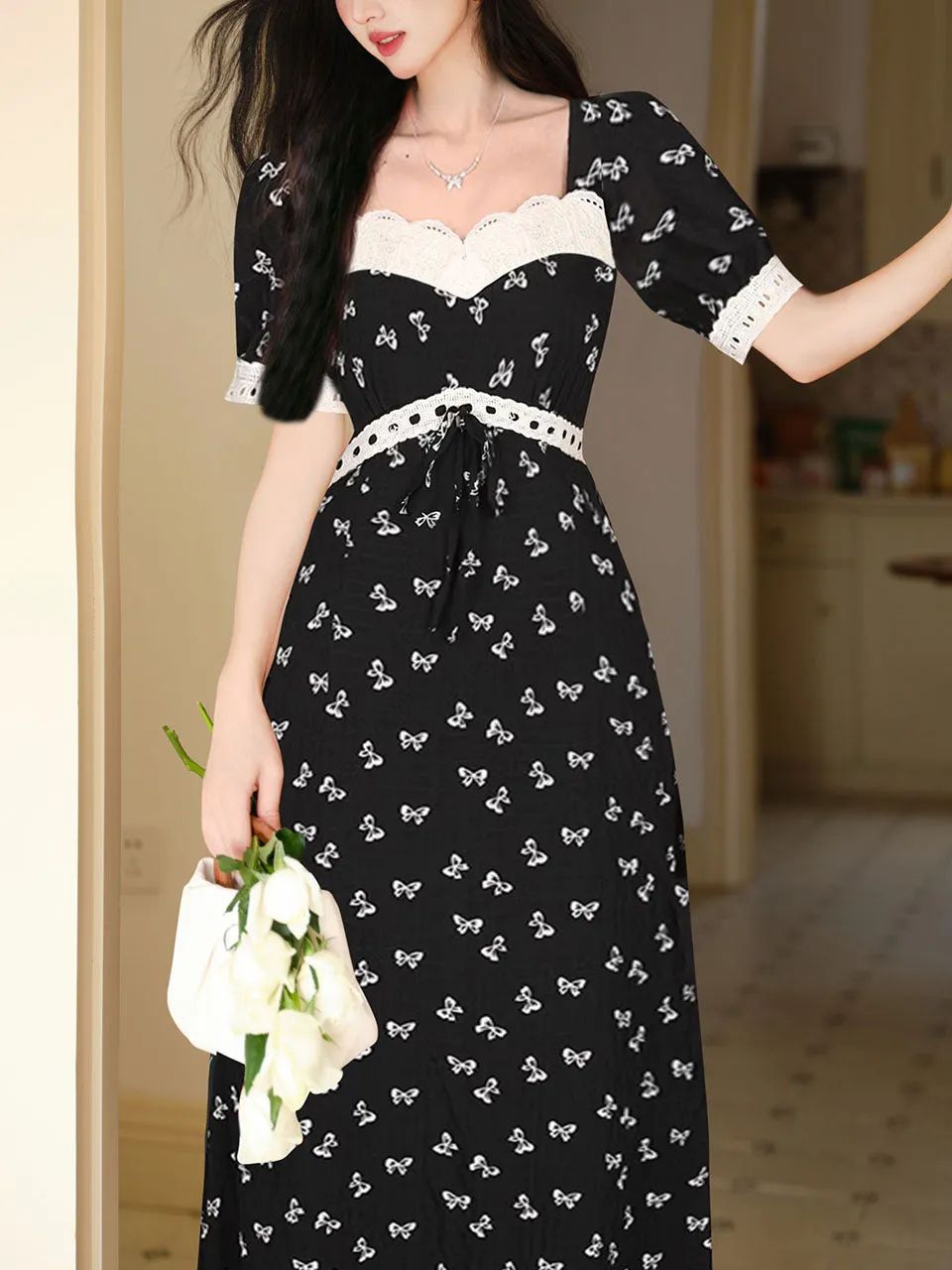 Black Bow Lace Square Neck Regency Dress