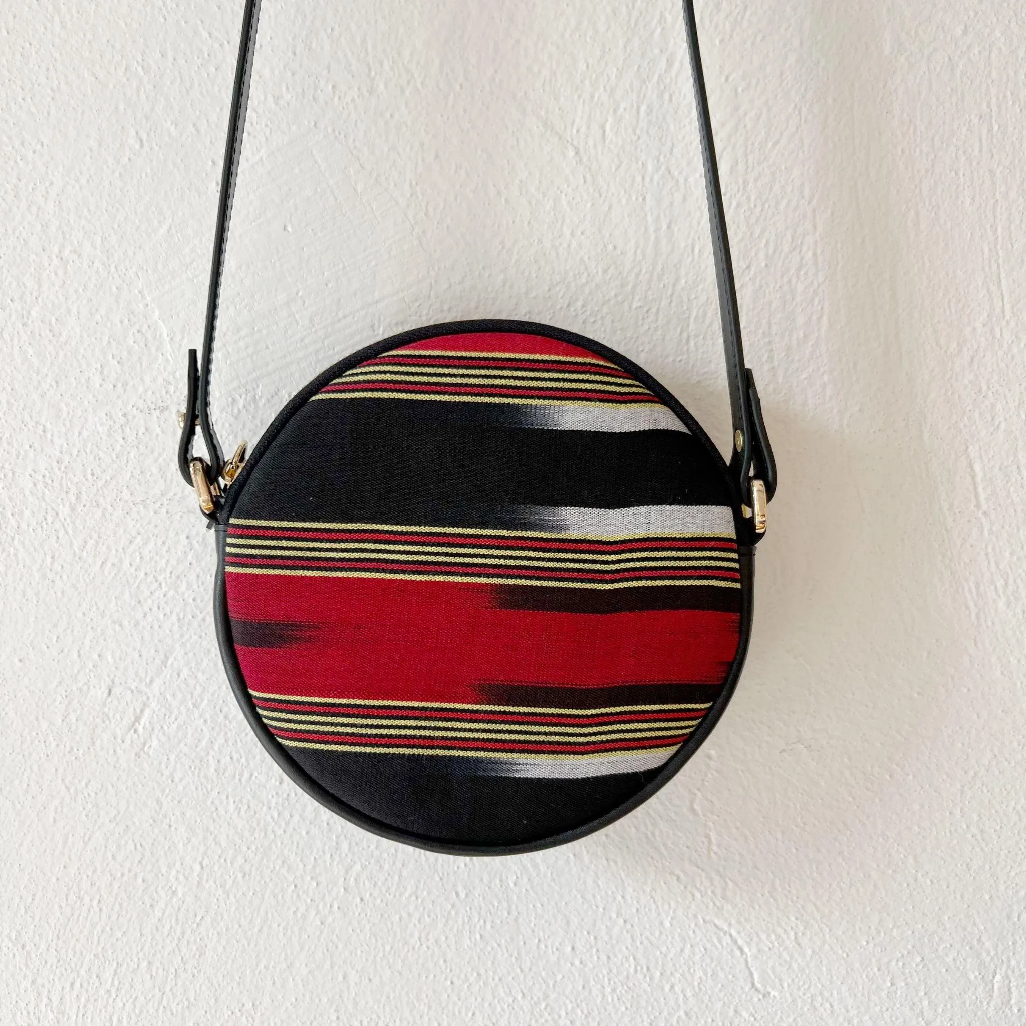 Black Genuine Leather & Striped Fabric Pattern Crossbody Bag