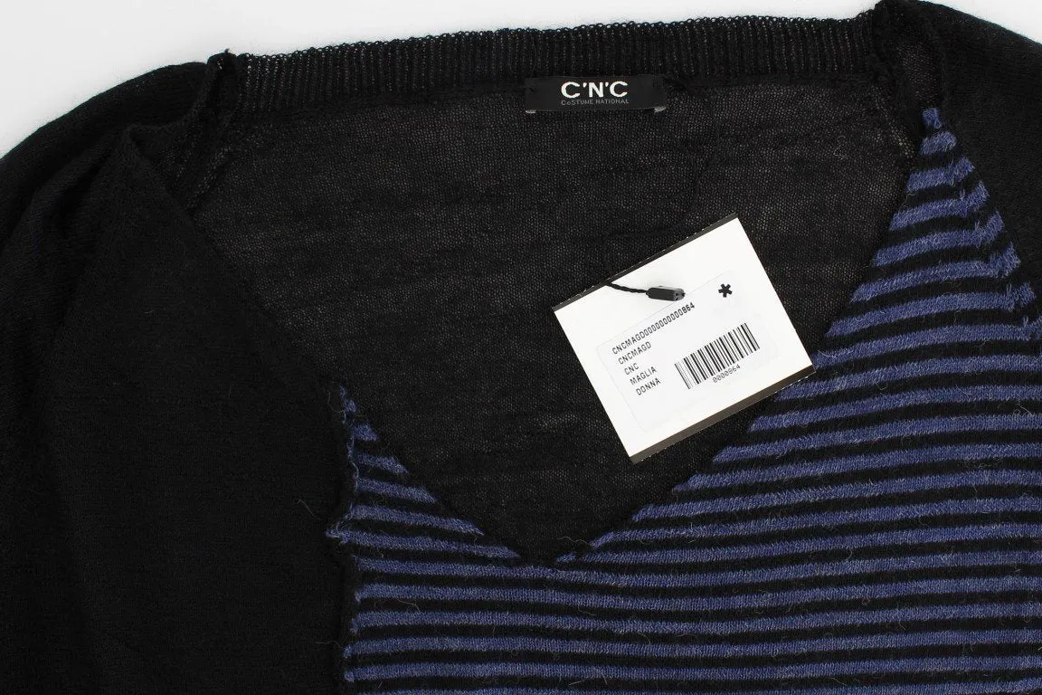 Black striped V-neck sweater