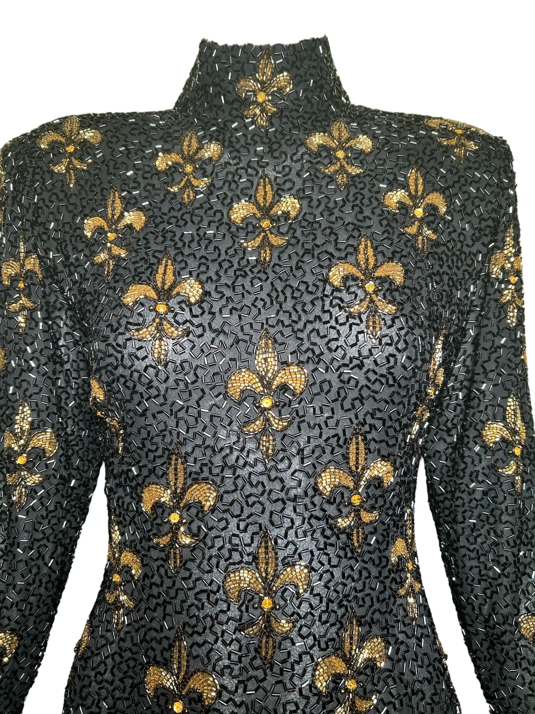 Bob Mackie 1990s Fleur de Lys Beaded Long Sleeve Cocktail Gown